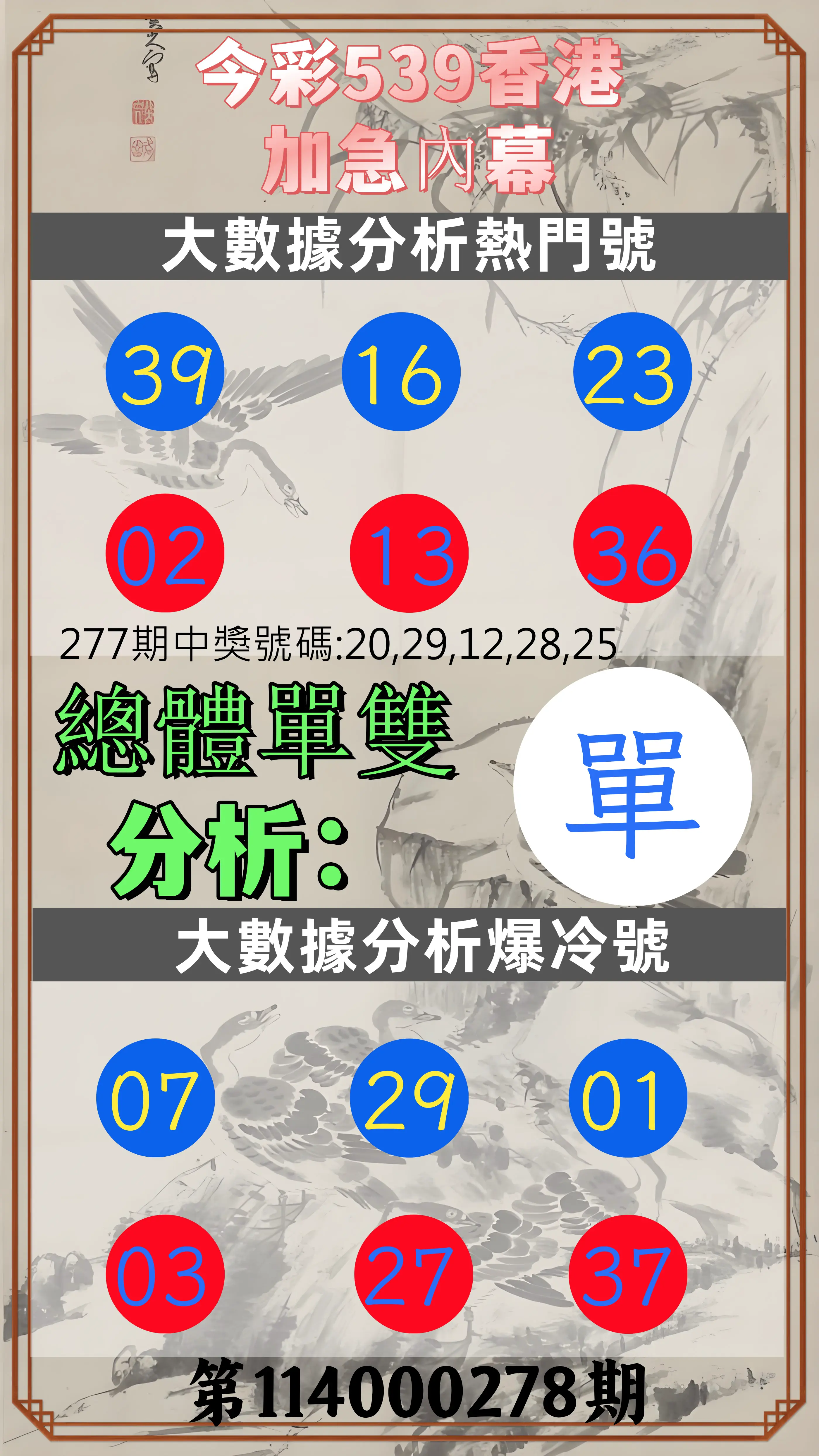 今彩539第114000278期(11/17)今彩539香港加急內幕
