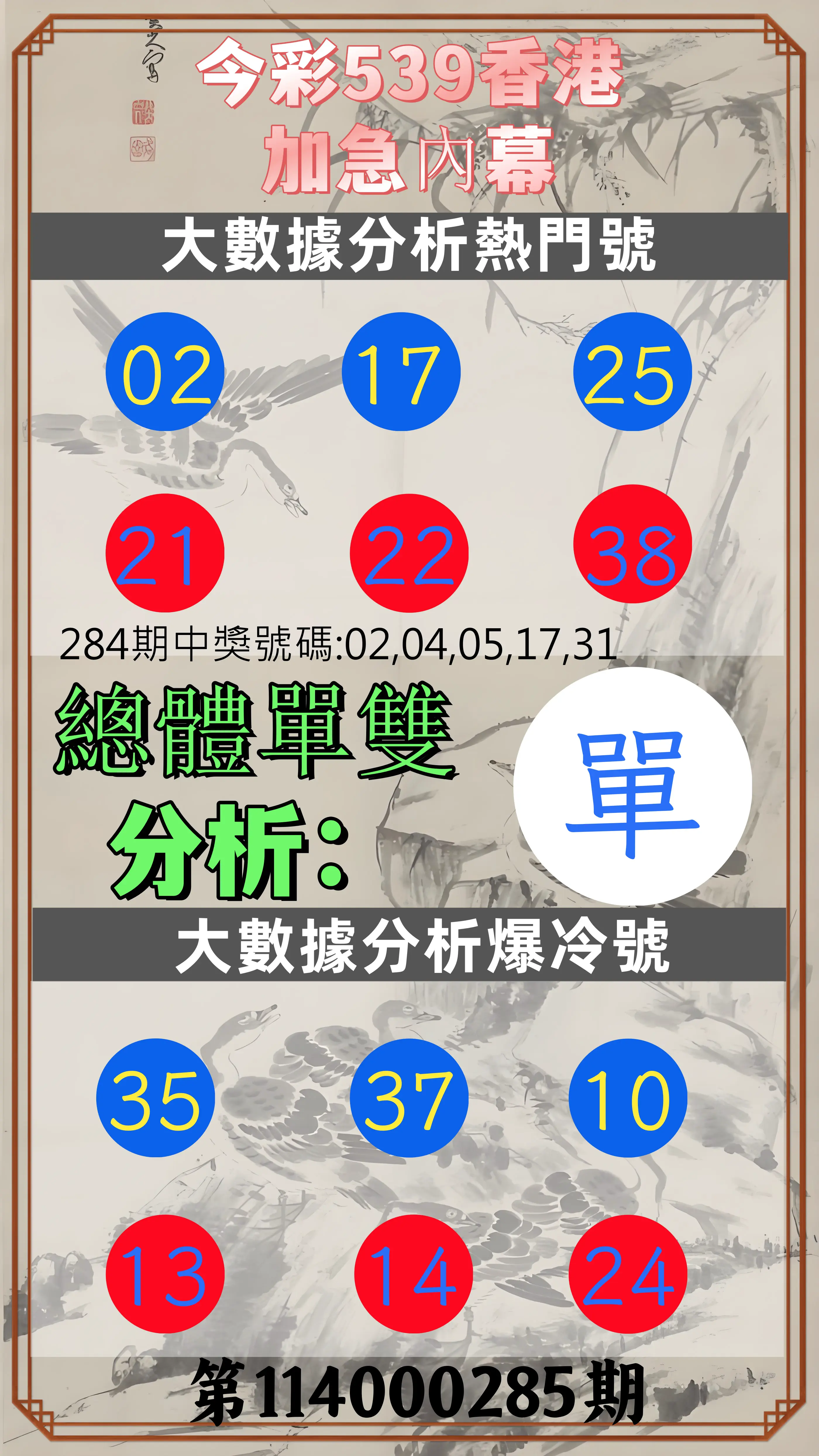 今彩539第114000285期(11/25)今彩539香港加急內幕