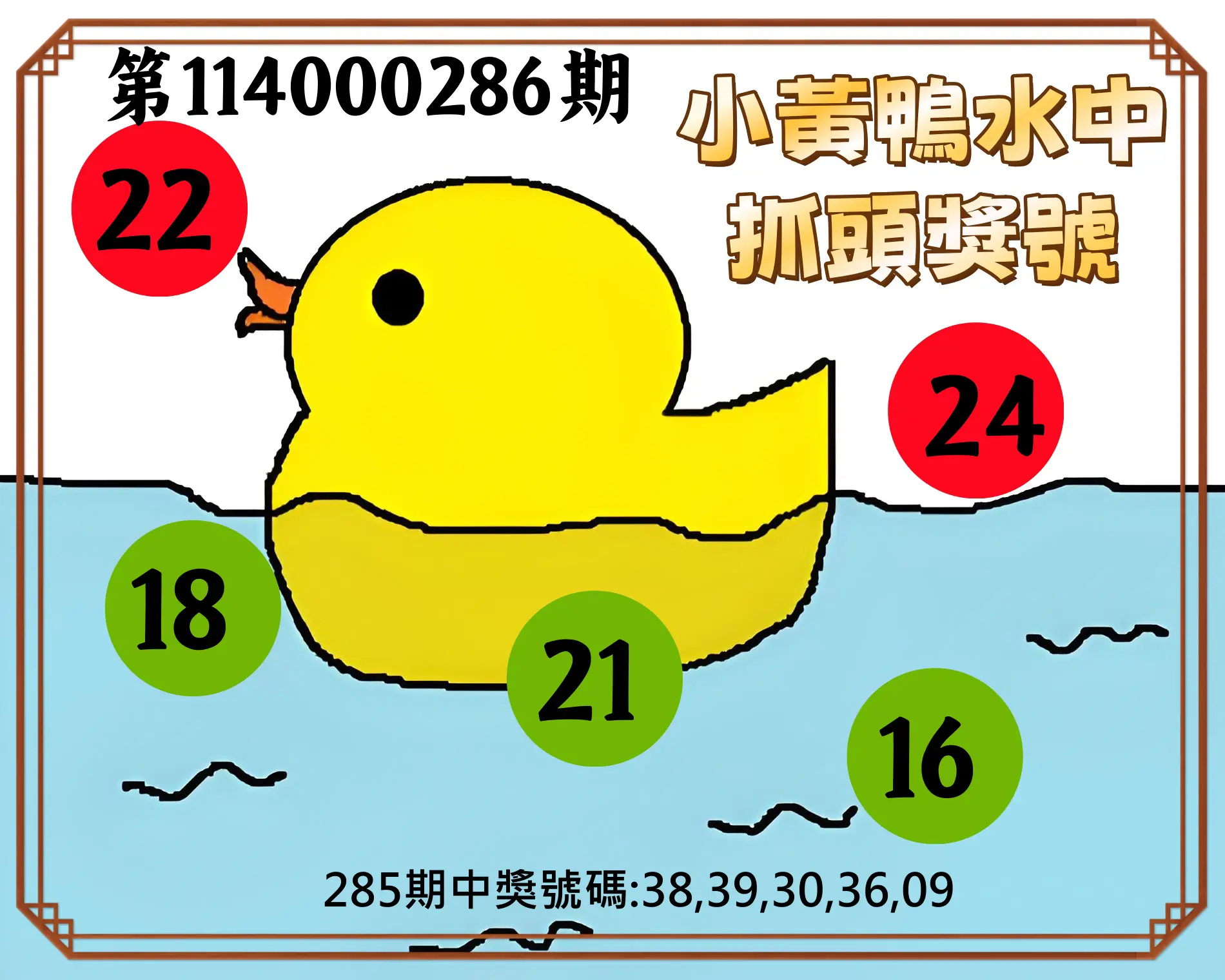 今彩539第114000286期(11/26)小黃鴨水中抓頭獎號