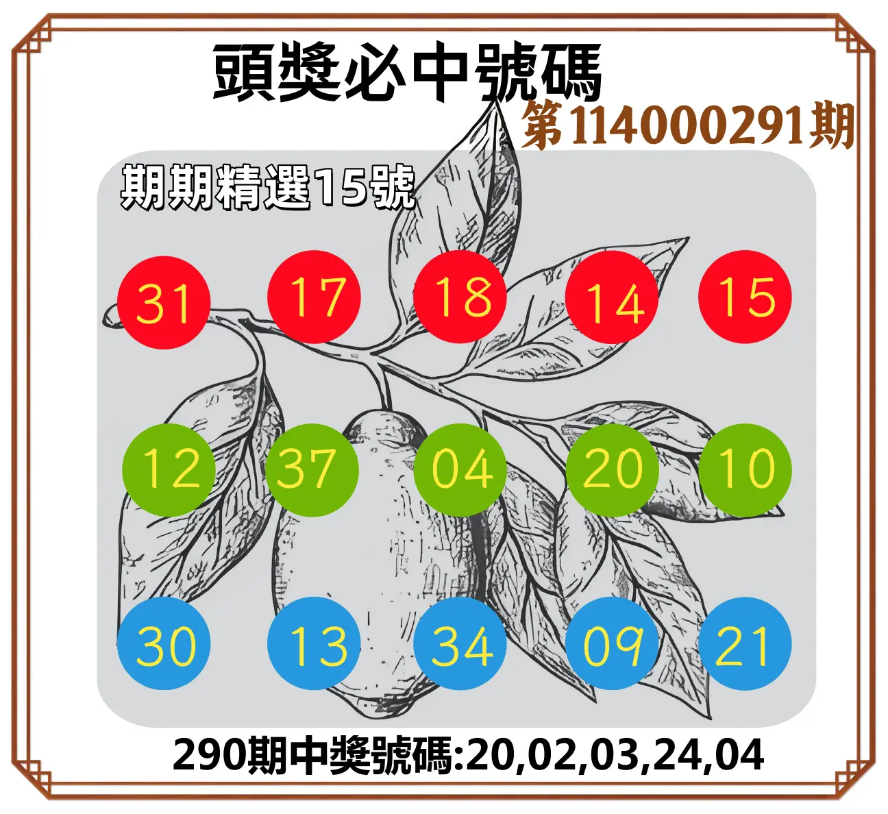 今彩539第114000291期(12/02)頭獎號碼