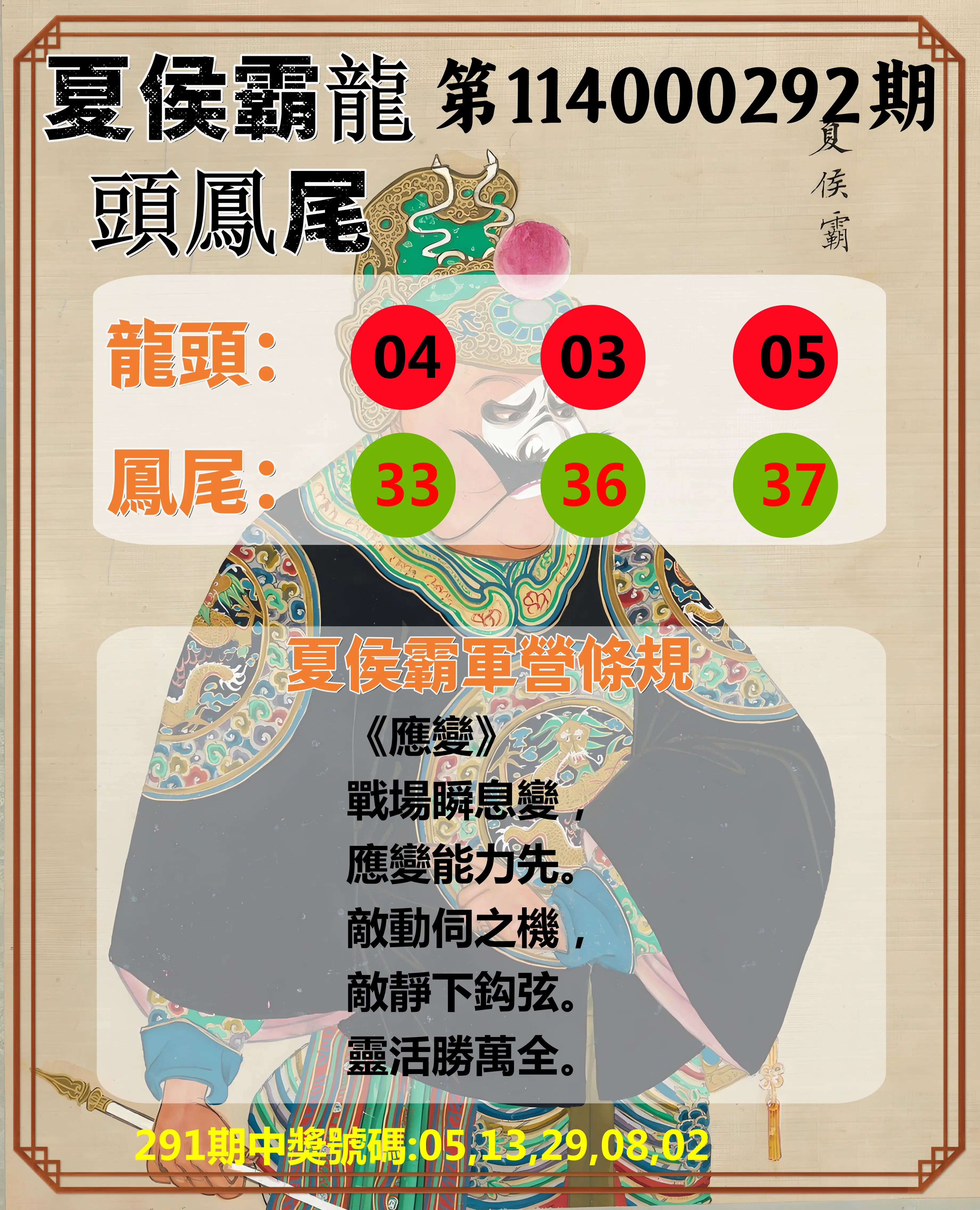 今彩539第114000292期(12/03)夏侯霸龍頭鳳尾