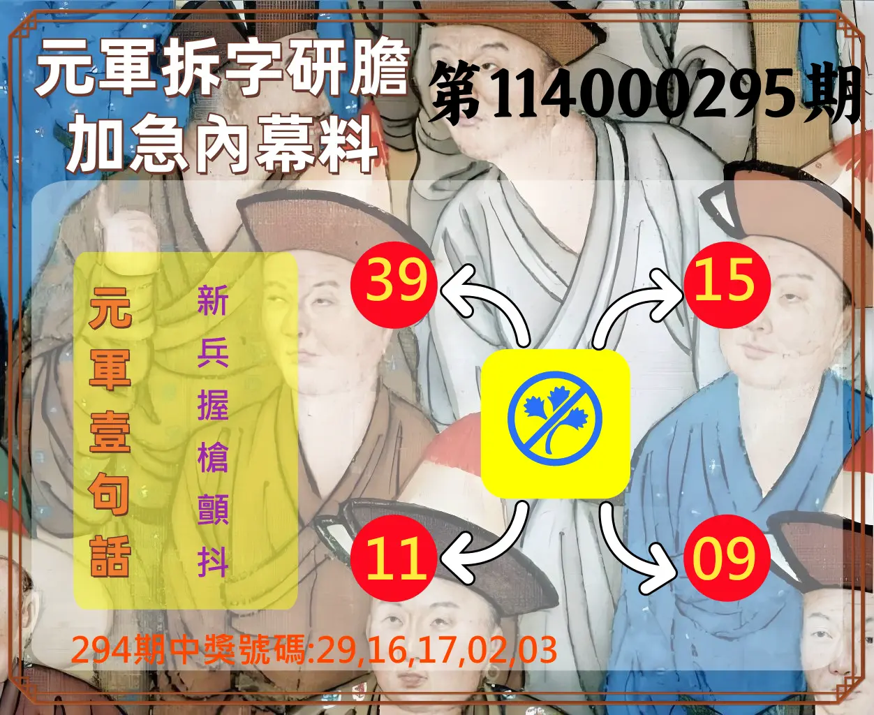 今彩539第114000295期(12/06)元軍拆字研膽加急內幕料