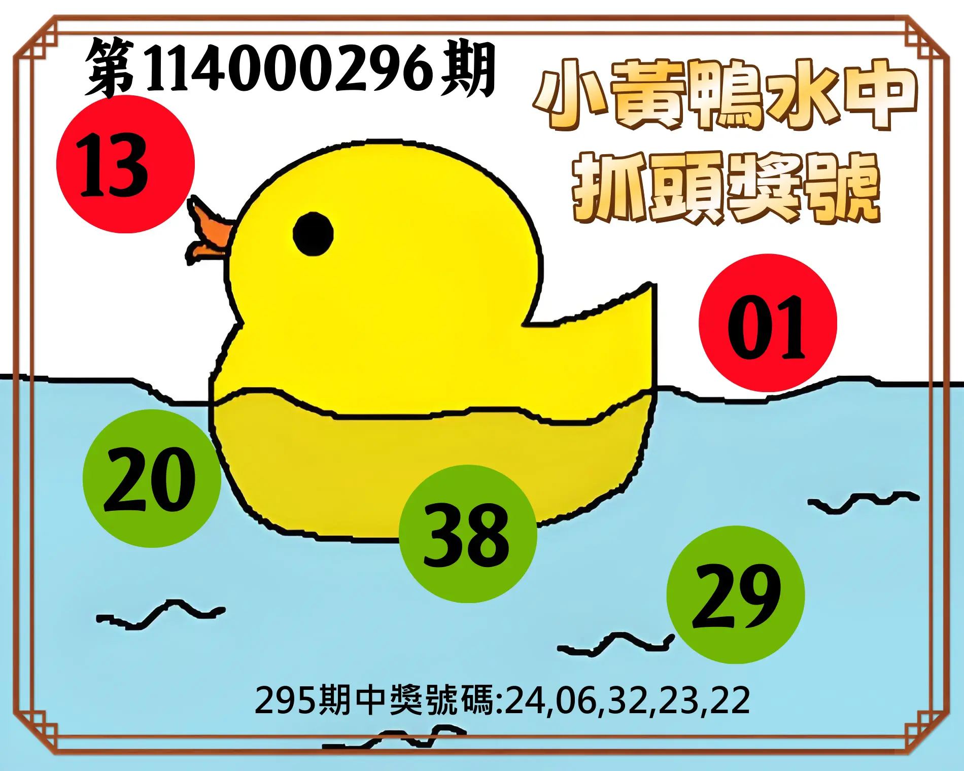 今彩539第114000296期(12/08)小黃鴨水中抓頭獎號