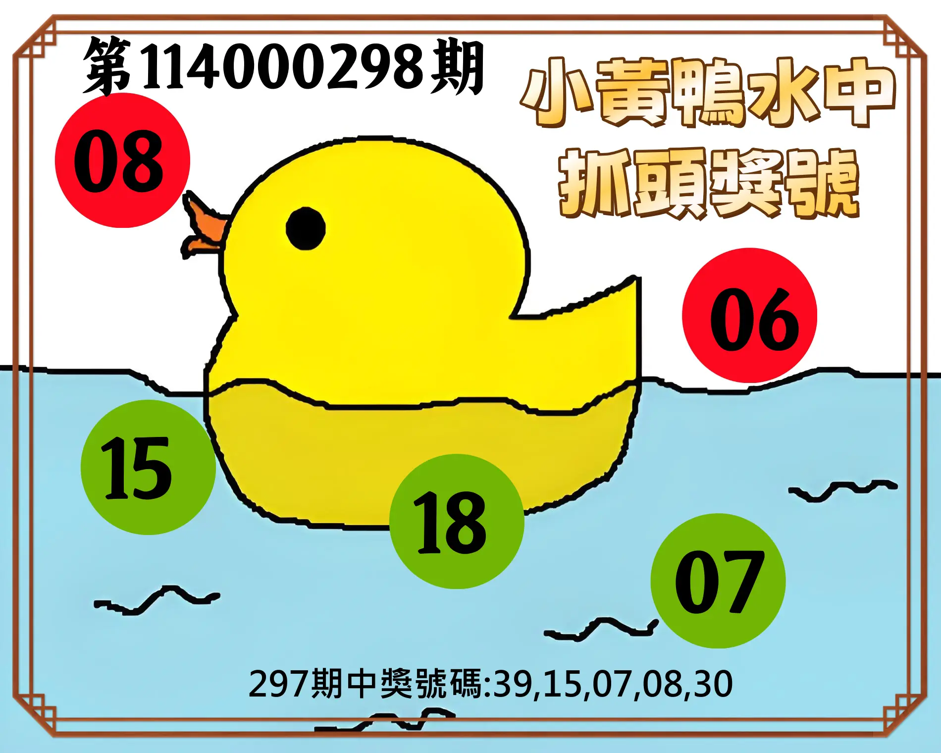 今彩539第114000298期(12/10)小黃鴨水中抓頭獎號