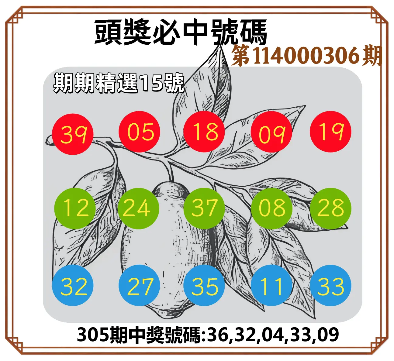 今彩539第114000306期(12/19)頭獎號碼