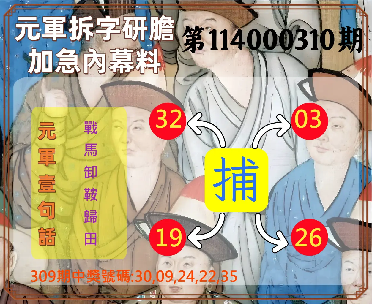 今彩539第114000310期(12/24)元軍拆字研膽加急內幕料