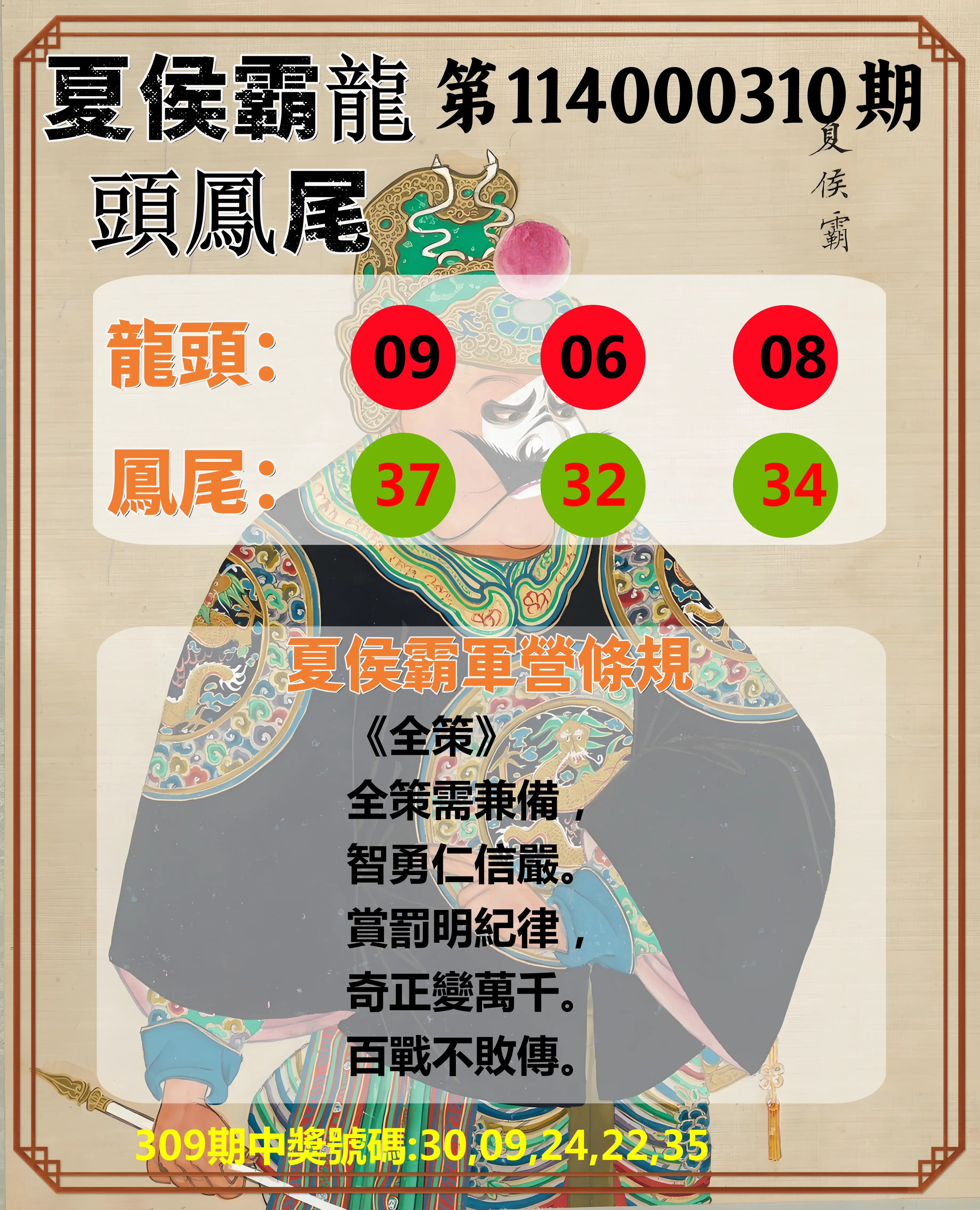 今彩539第114000310期(12/24)夏侯霸龍頭鳳尾
