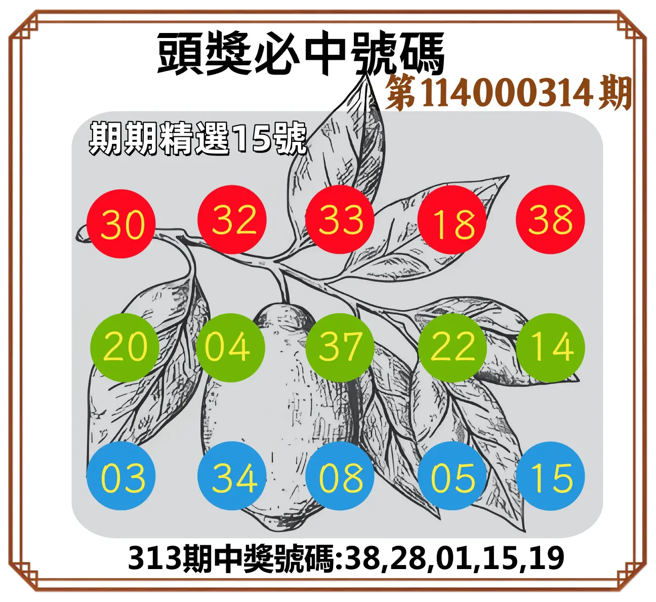 今彩539第114000314期(12/29)頭獎號碼