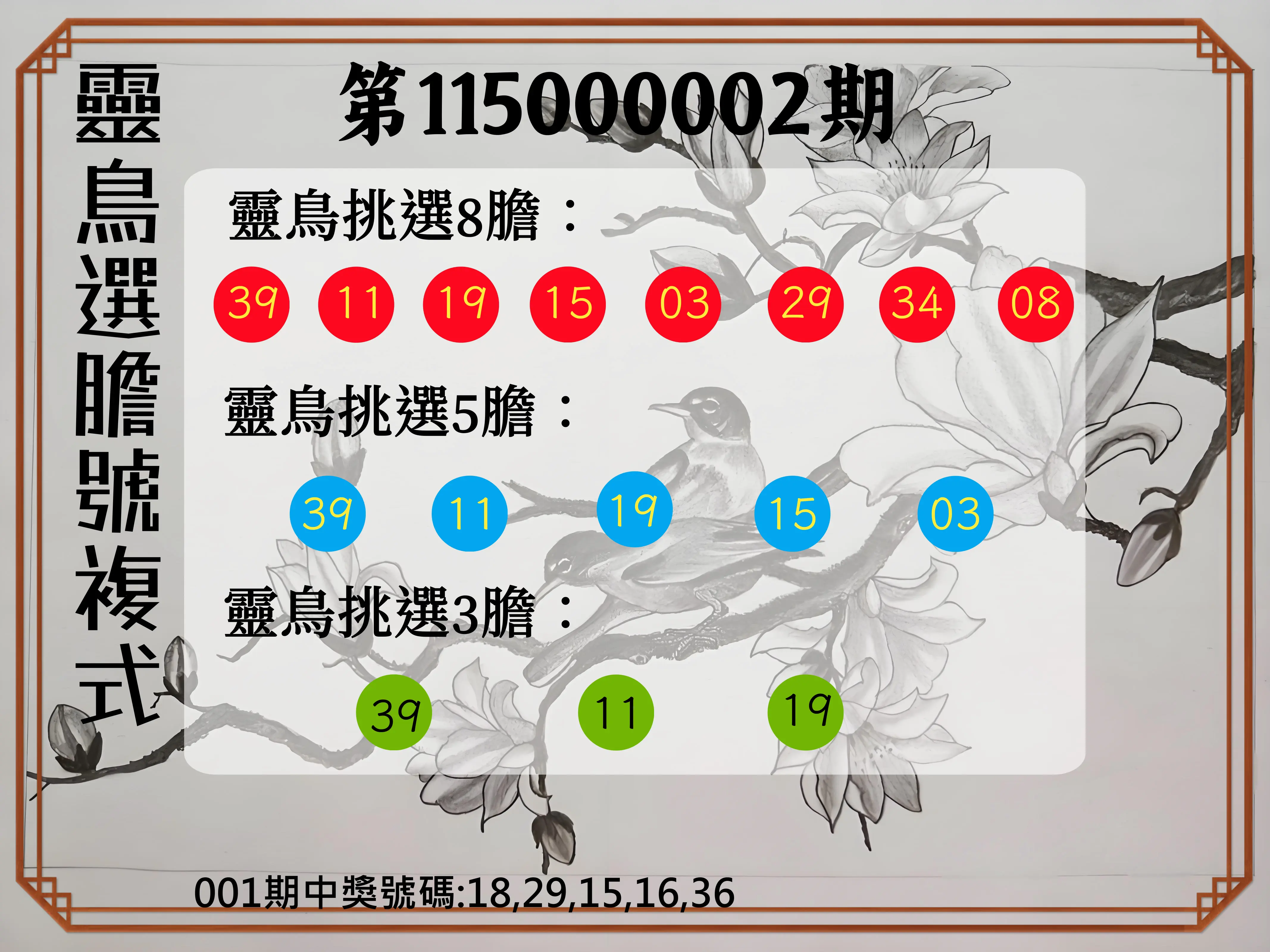 今彩539第115000002期(01/02)靈鳥選膽號複式