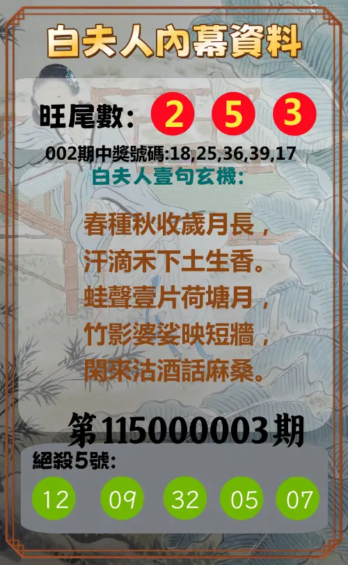 今彩539第115000003期(01/03)白夫人內幕資料