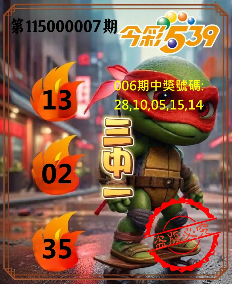 今彩539第115000007期(01/08)今彩539青蛙王子三中壹牌號預測
