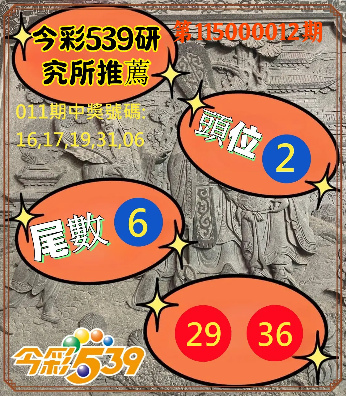 今彩539第115000012期(01/14)今彩539研究所推薦