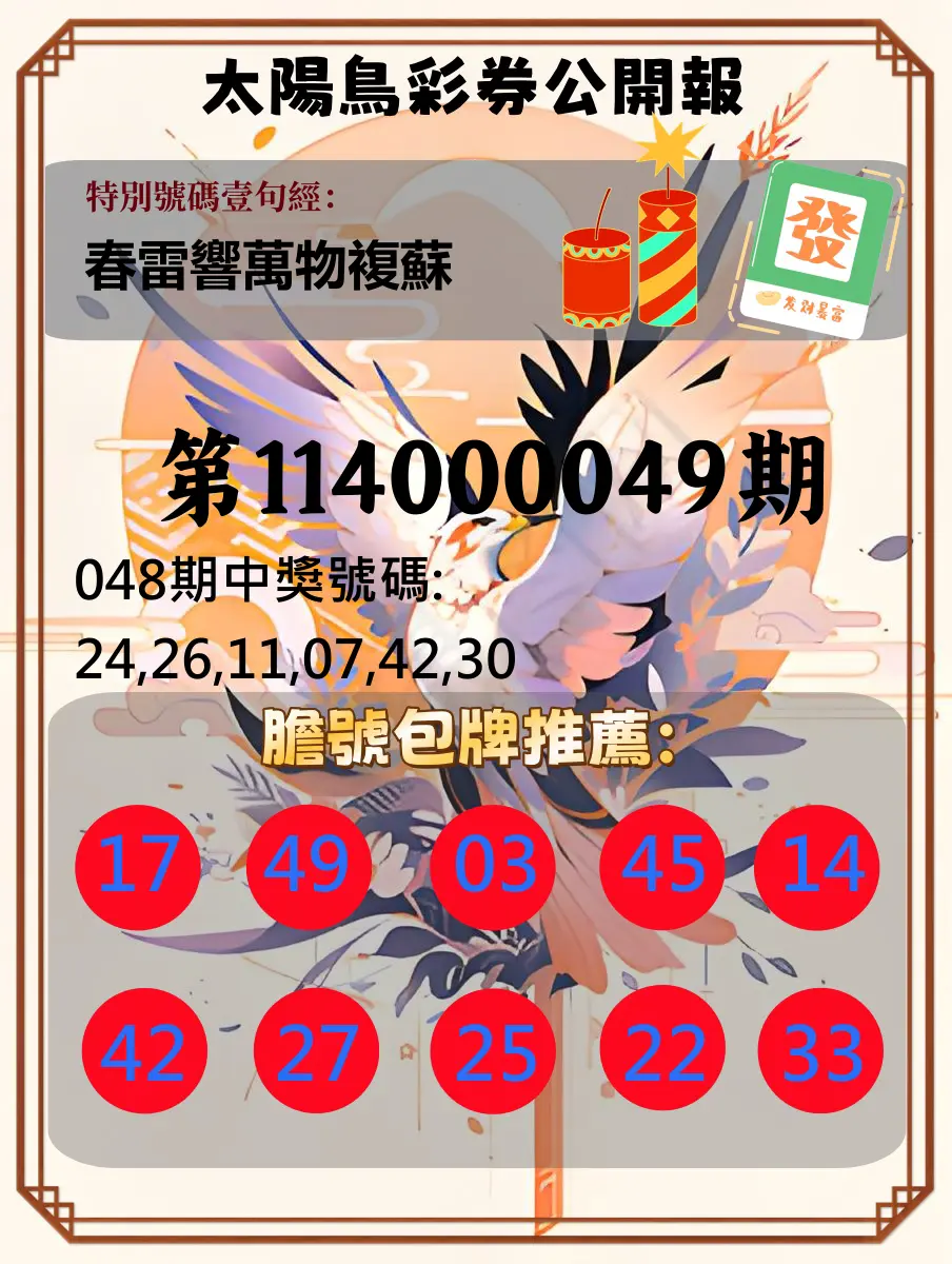 大樂透第114000049期太陽鳥彩券公開報
