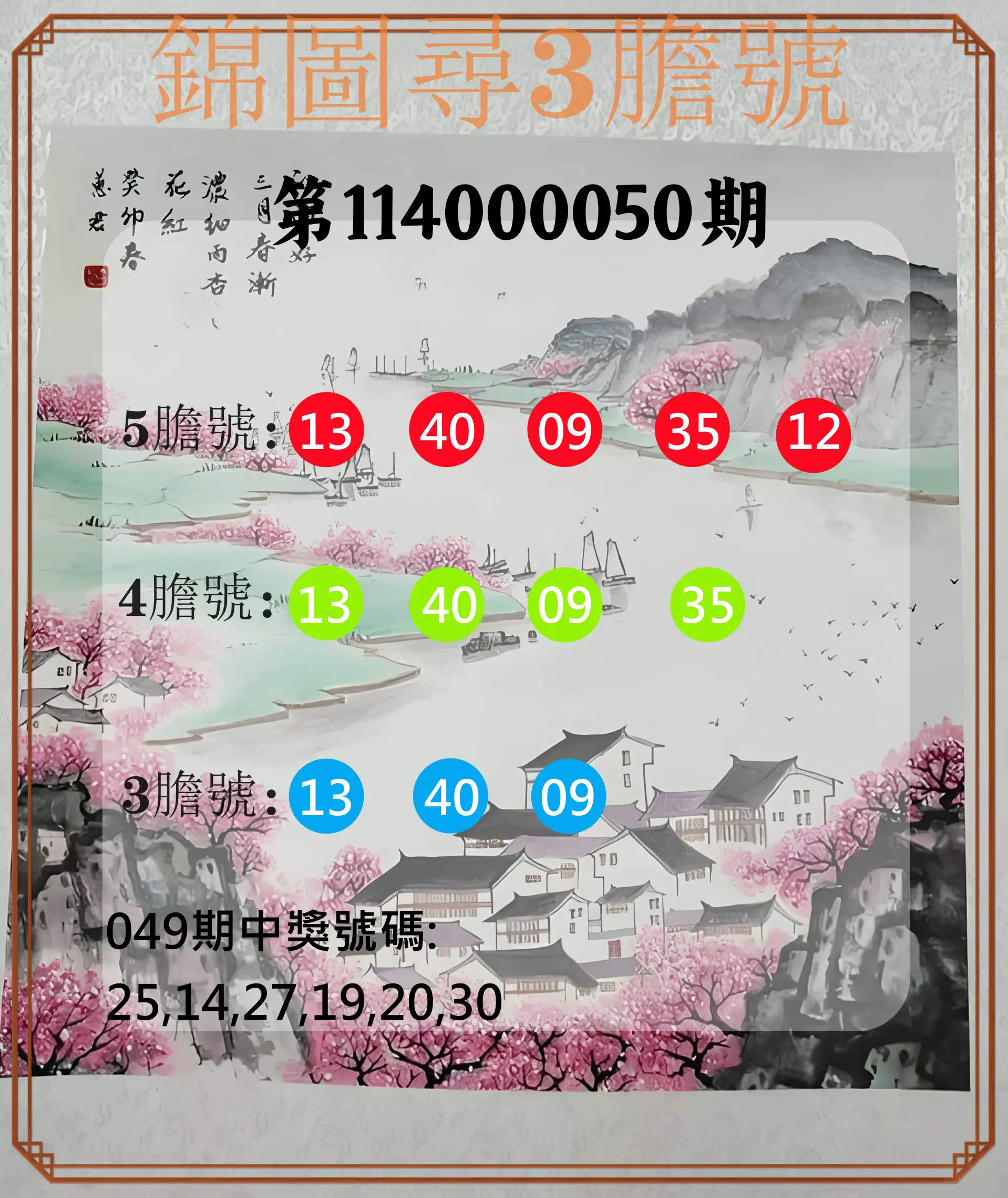 大樂透第114000050期錦圖尋3膽號