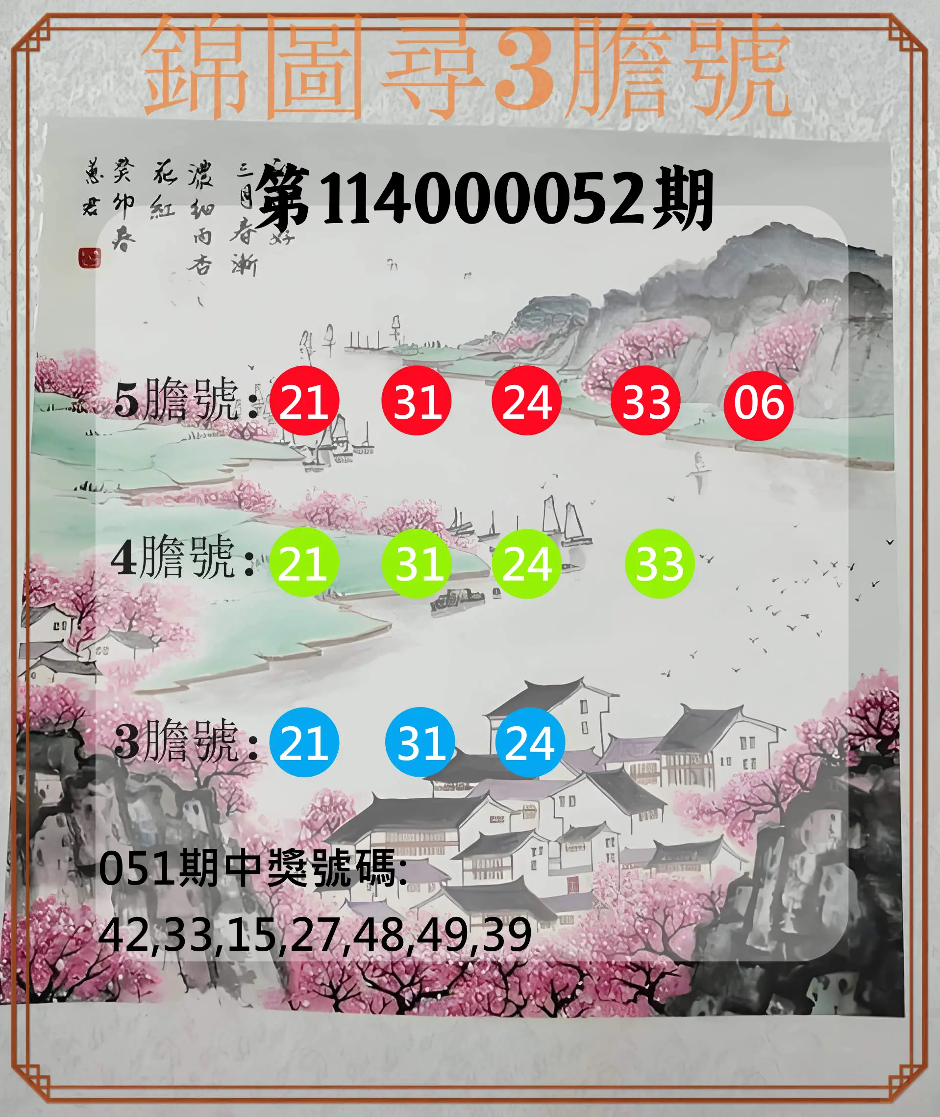 大樂透第114000052期錦圖尋3膽號