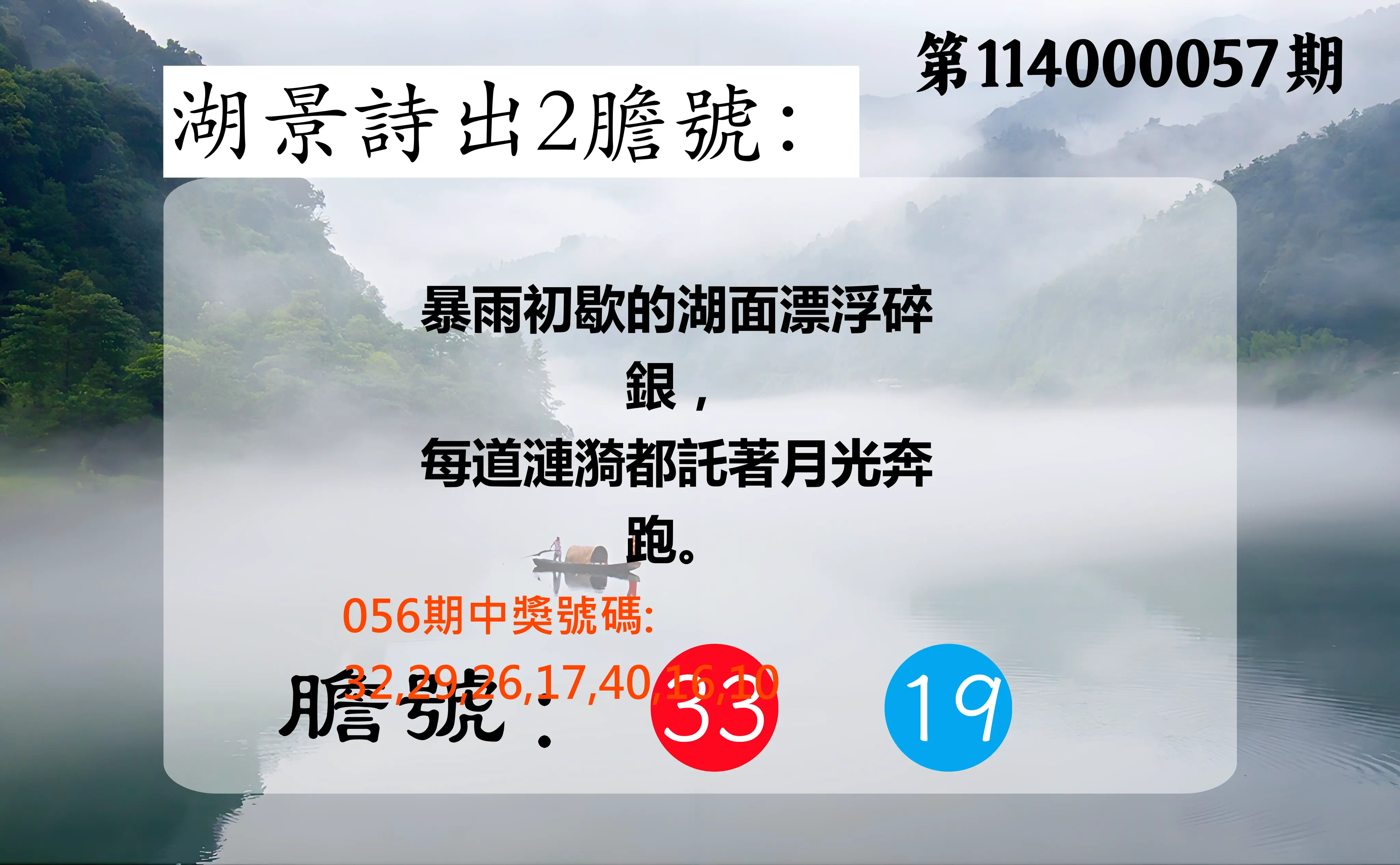 大樂透第114000057期湖景詩出2膽號