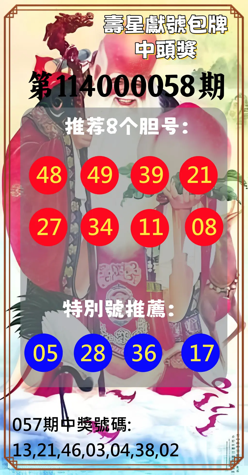 大樂透第114000058期壽星獻號包牌中頭獎