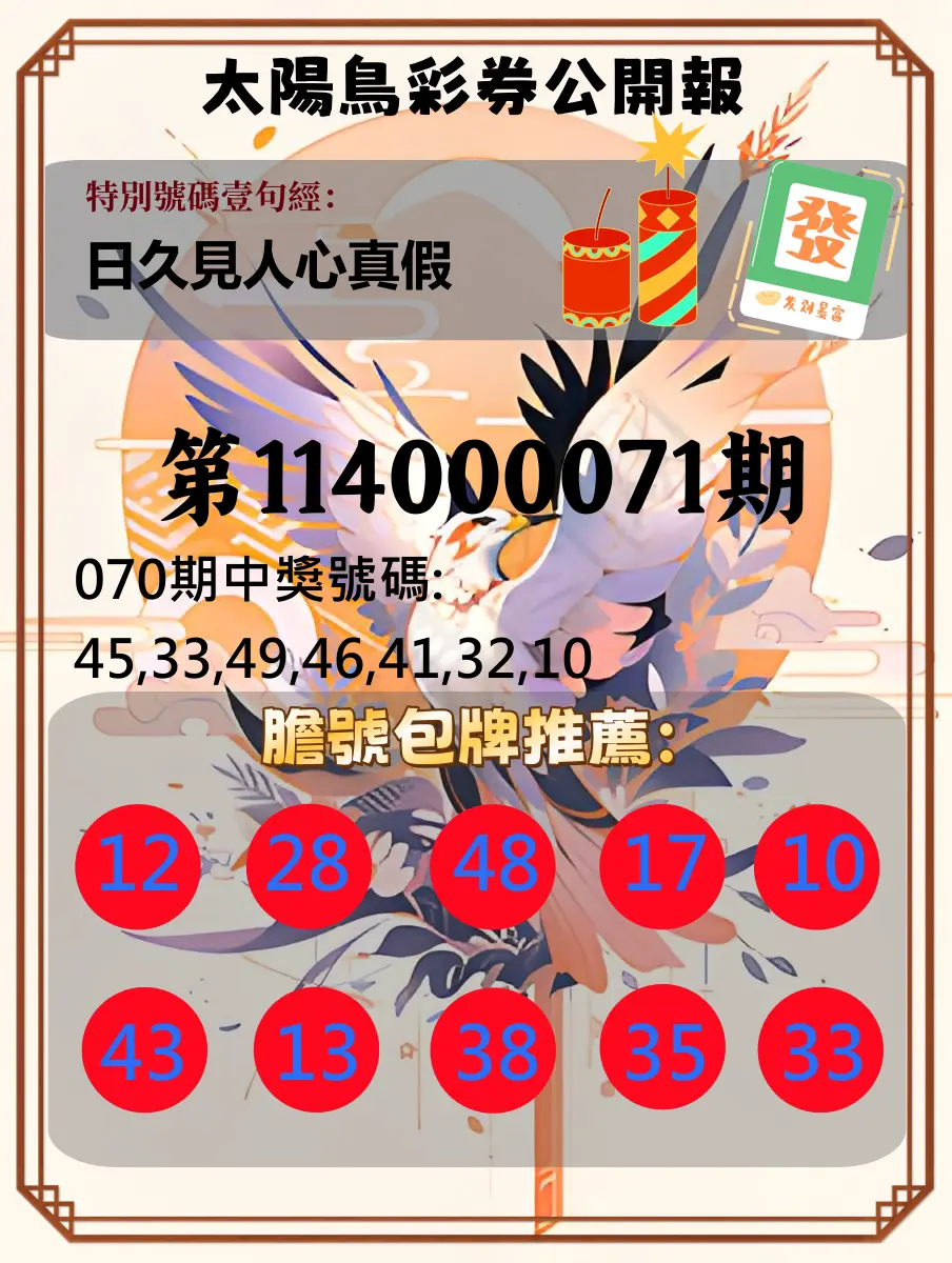 大樂透第114000071期(07/18)太陽鳥彩券公開報