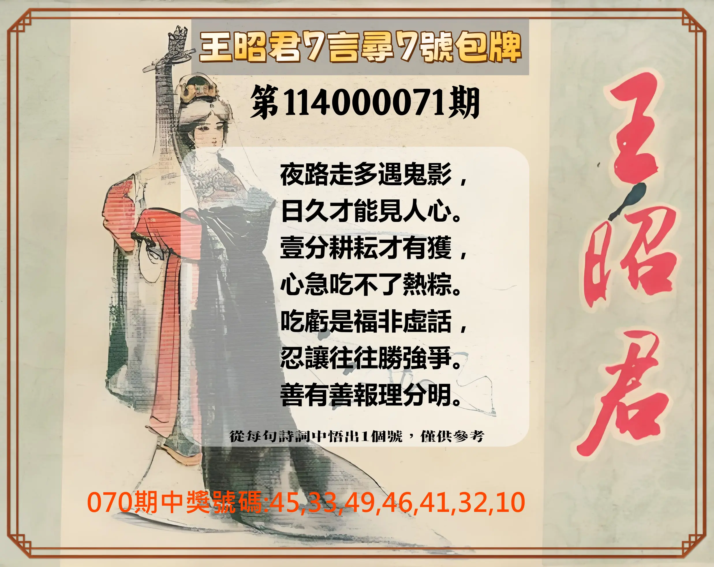 大樂透第114000071期(07/18)王昭君7言尋7號包牌