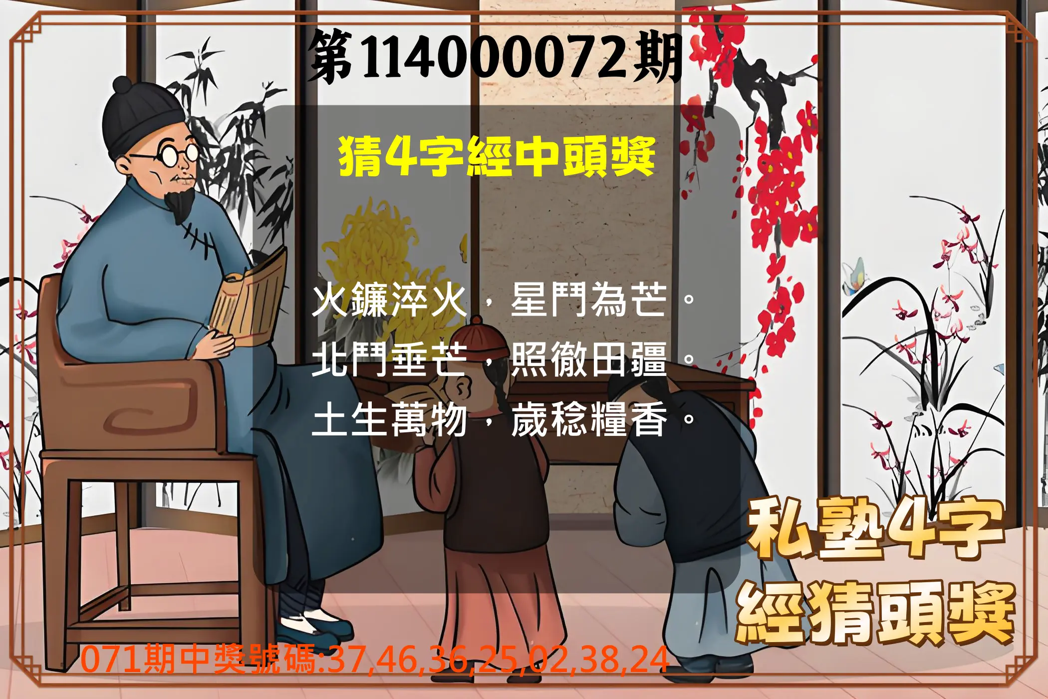 大樂透第114000072期(07/22)私塾4字經猜頭獎