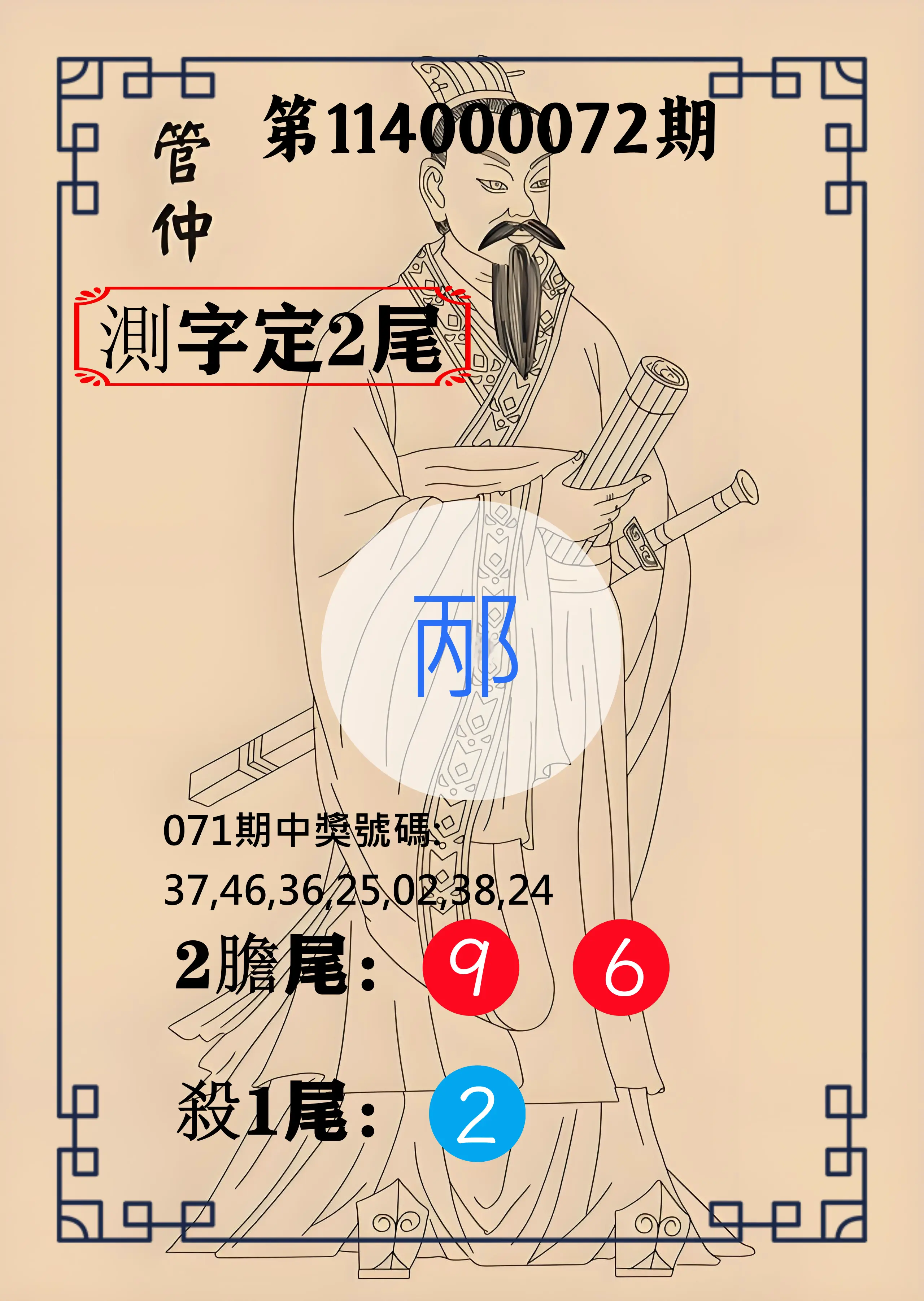 大樂透第114000072期(07/22)管仲測字定2尾