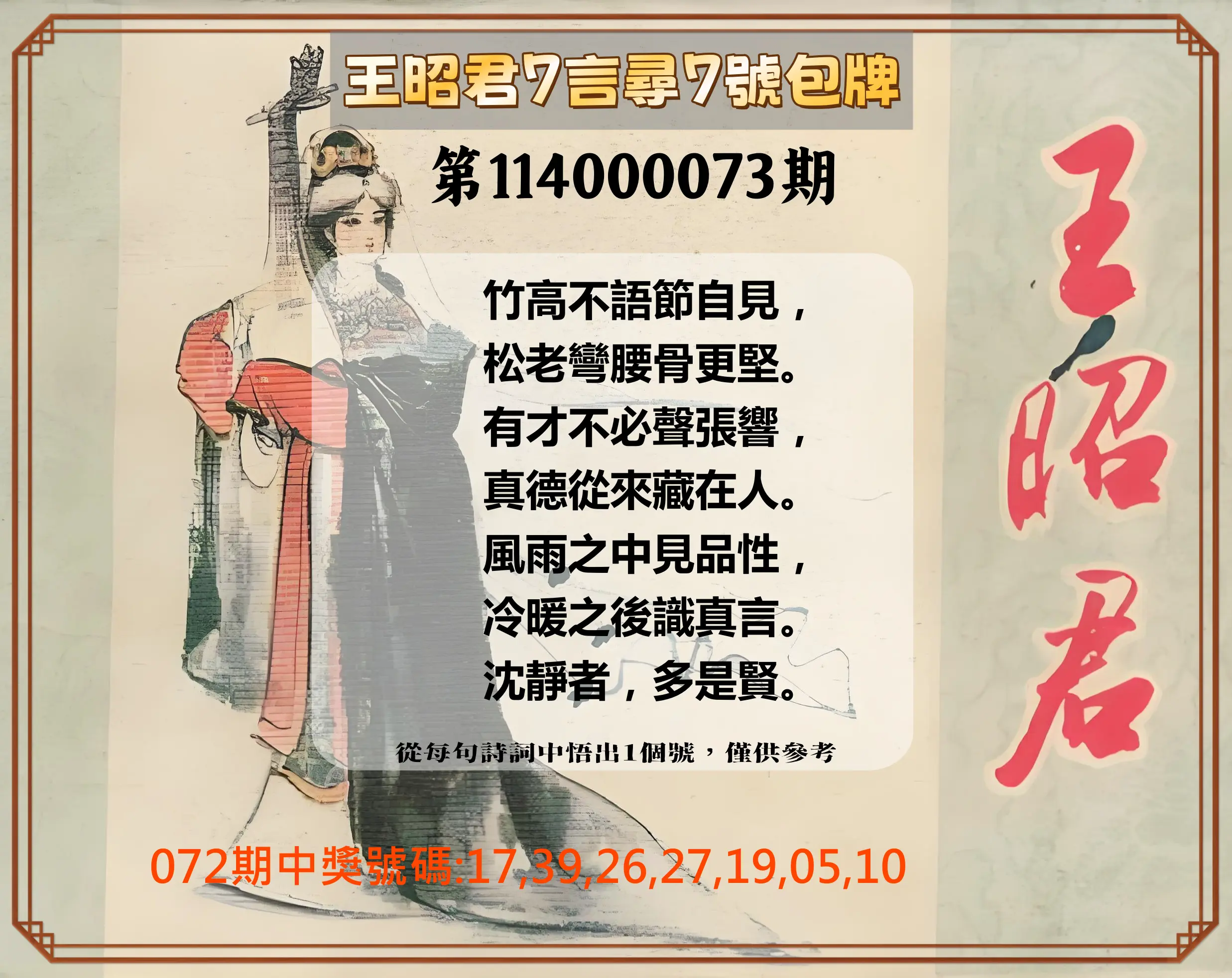 大樂透第114000073期(07/25)王昭君7言尋7號包牌