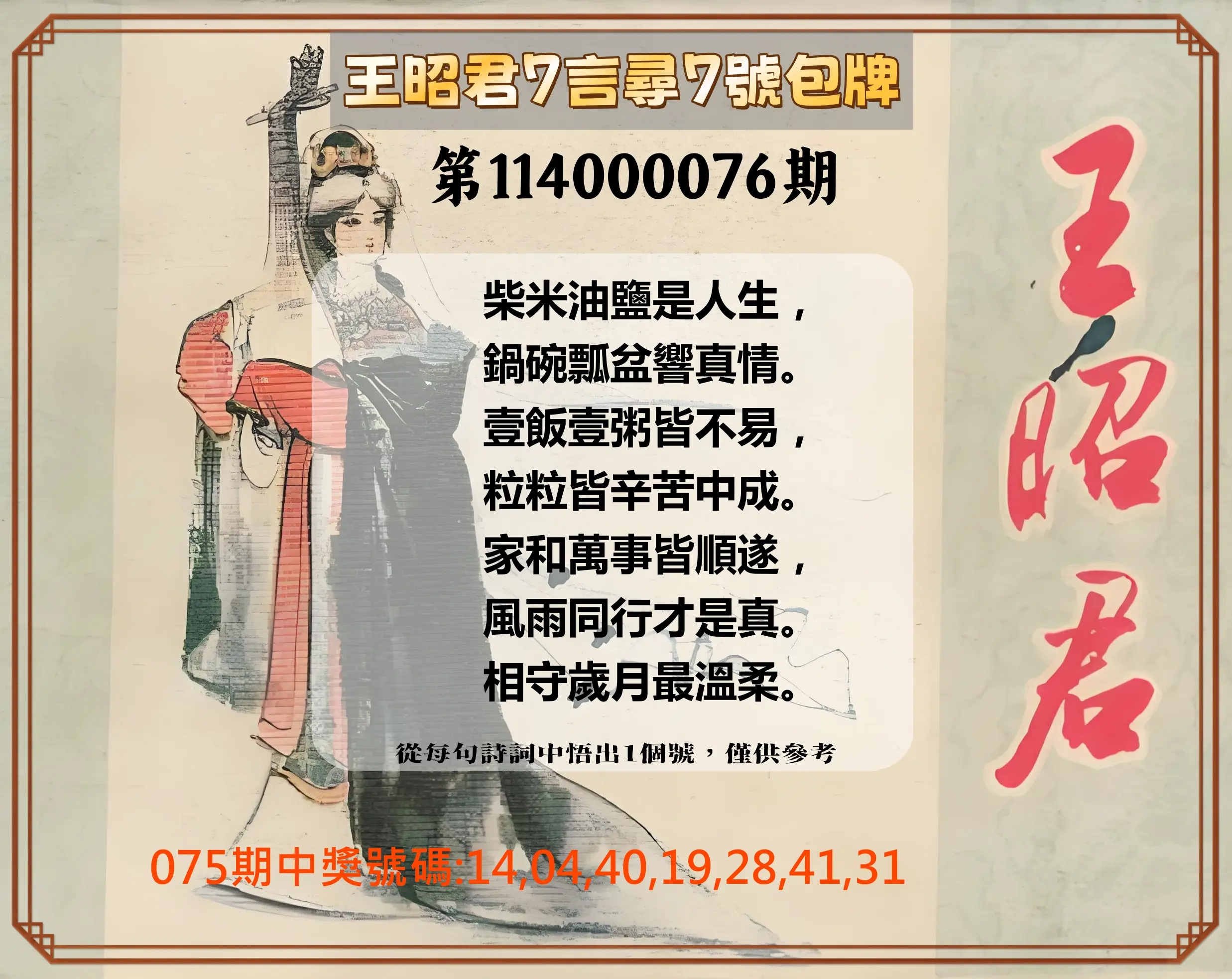 大樂透第114000076期(08/05)王昭君7言尋7號包牌