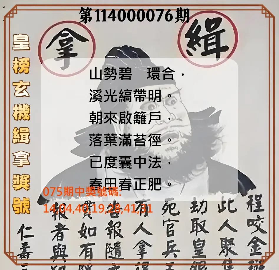 大樂透第114000076期(08/05)皇榜玄機緝拿獎號