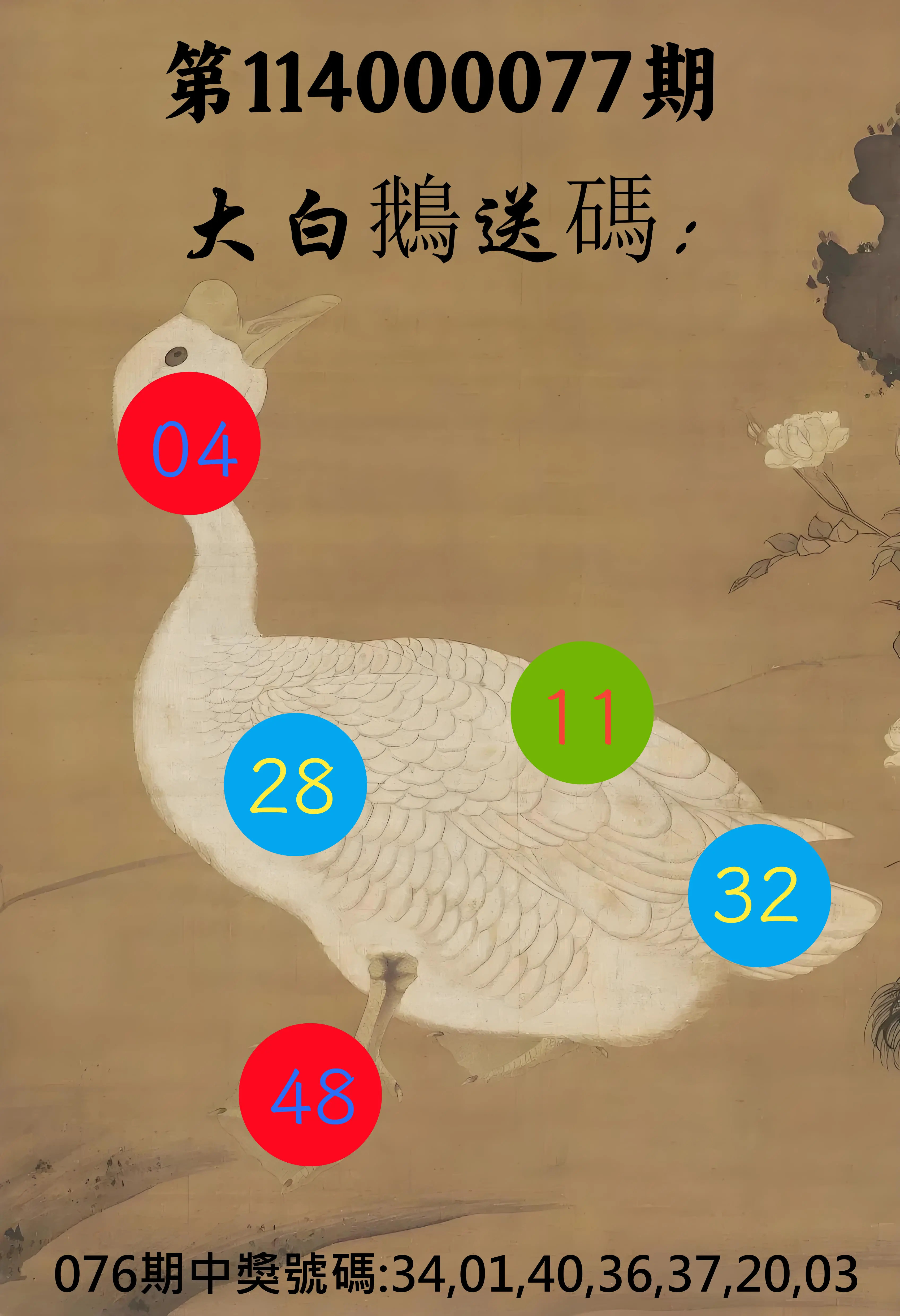 大樂透第114000077期(08/08)大白鵝送碼