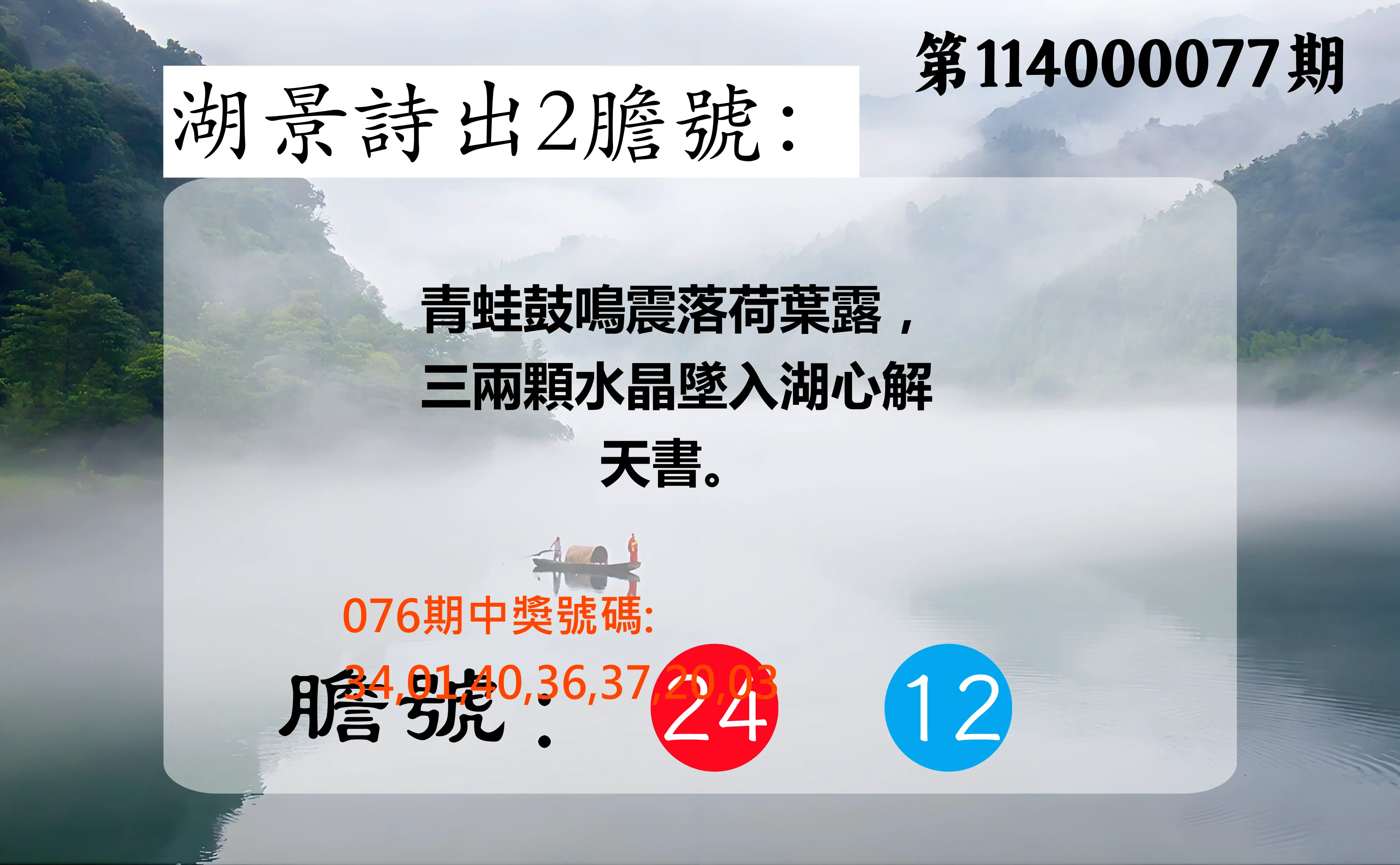 大樂透第114000077期(08/08)湖景詩出2膽號