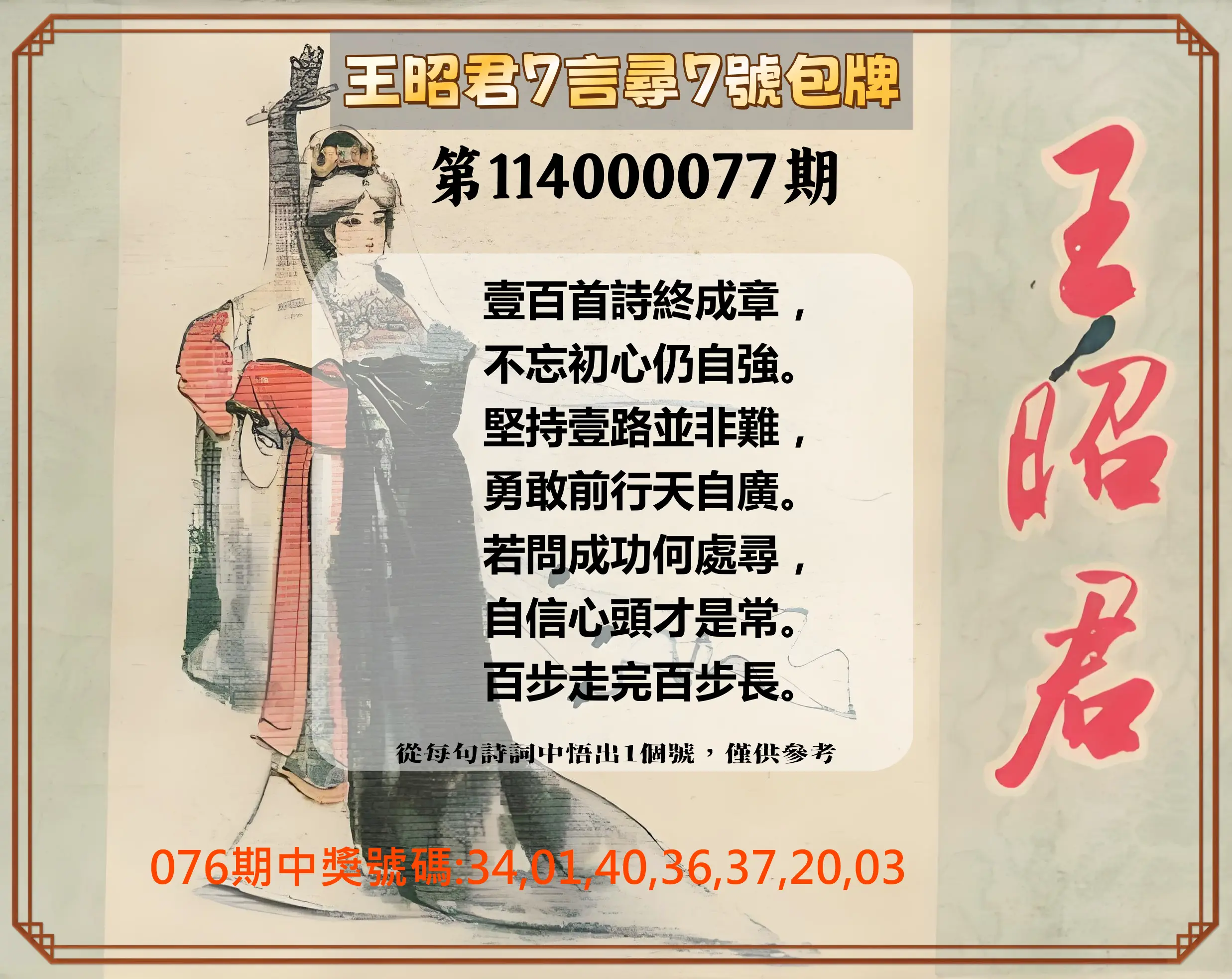 大樂透第114000077期(08/08)王昭君7言尋7號包牌