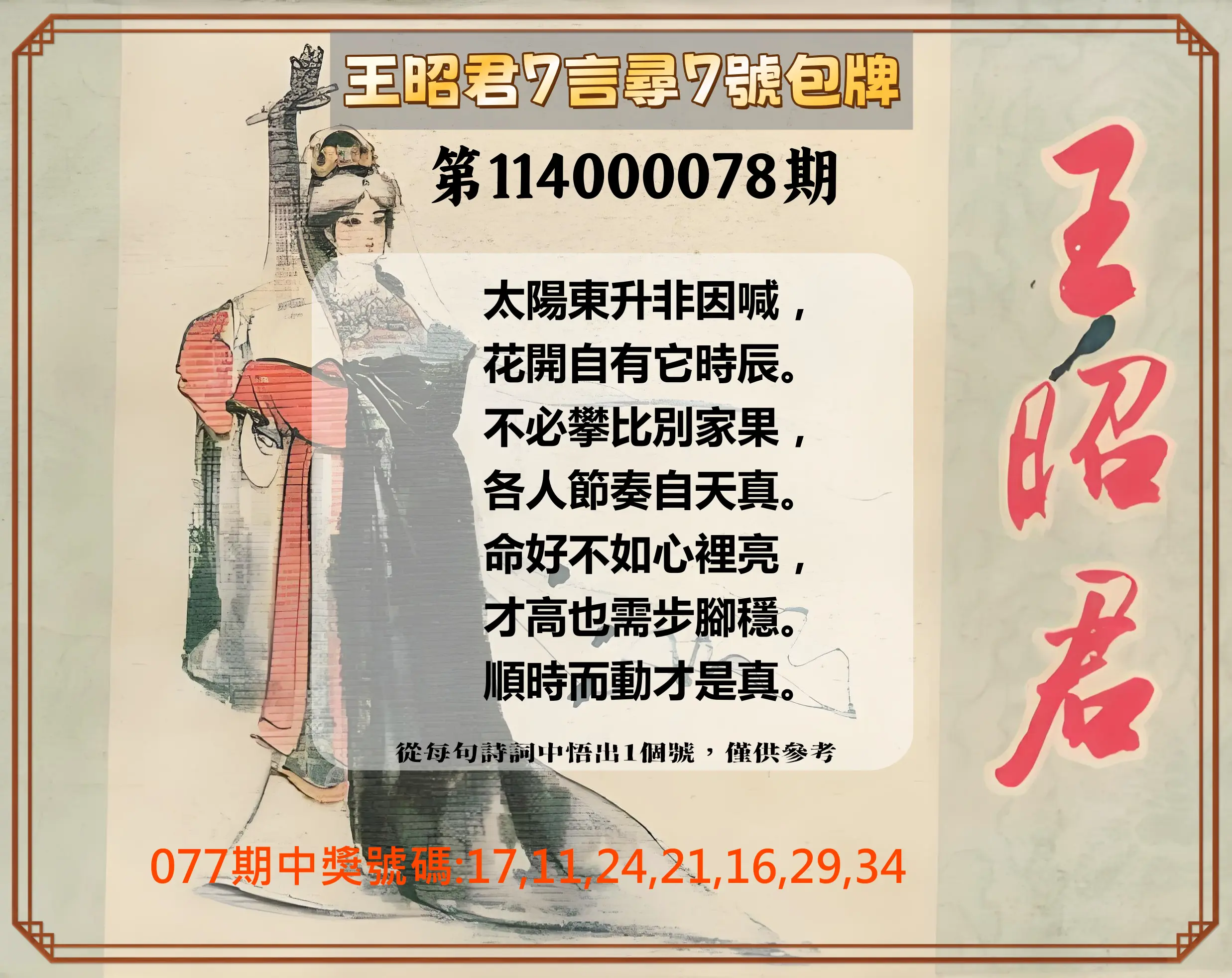 大樂透第114000078期(08/12)王昭君7言尋7號包牌