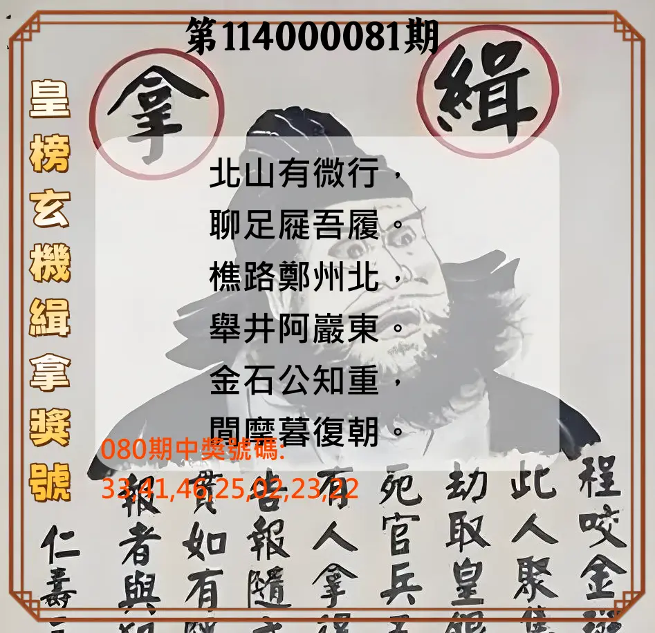 大樂透第114000081期(08/22)皇榜玄機緝拿獎號