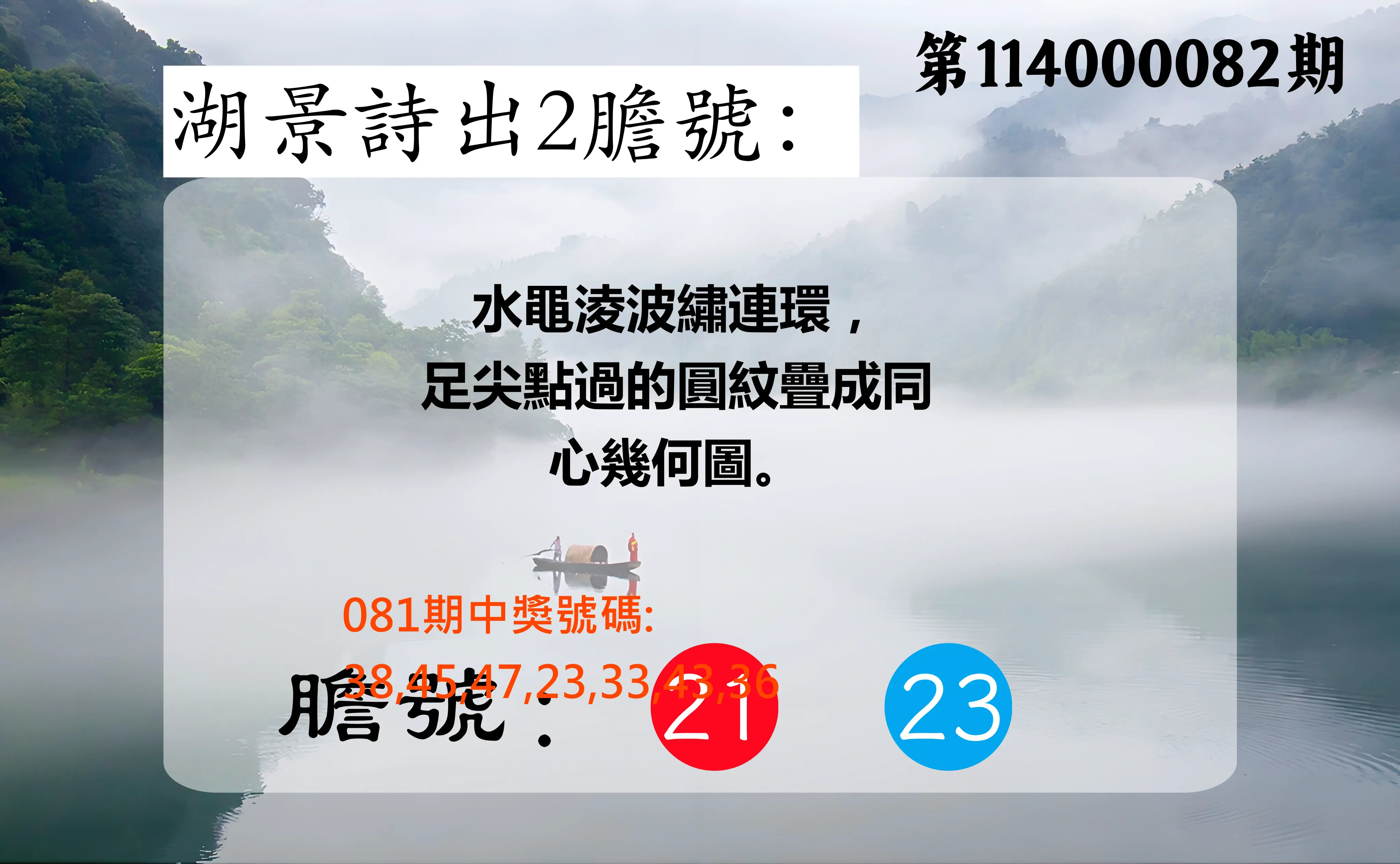 大樂透第114000082期(08/29)湖景詩出2膽號