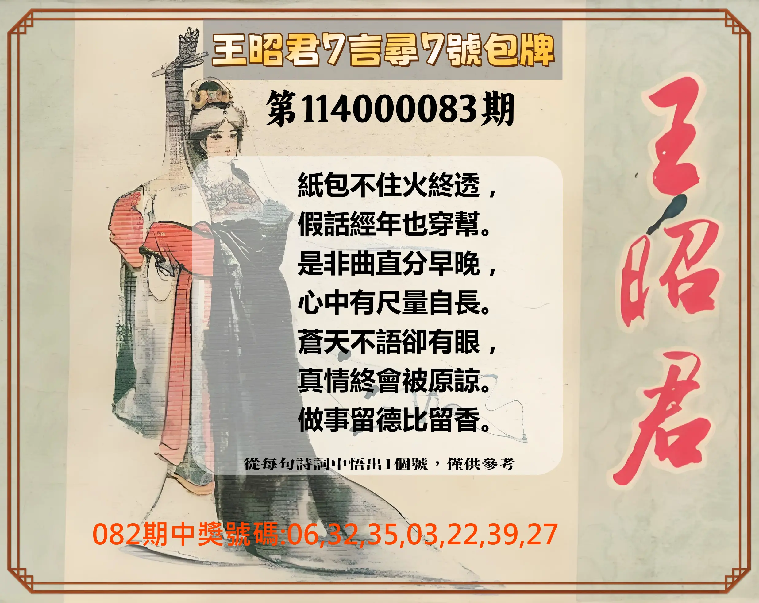 大樂透第114000083期(08/29)王昭君7言尋7號包牌