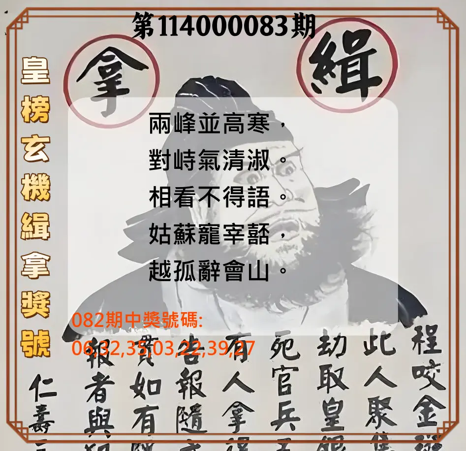 大樂透第114000083期(08/29)皇榜玄機緝拿獎號