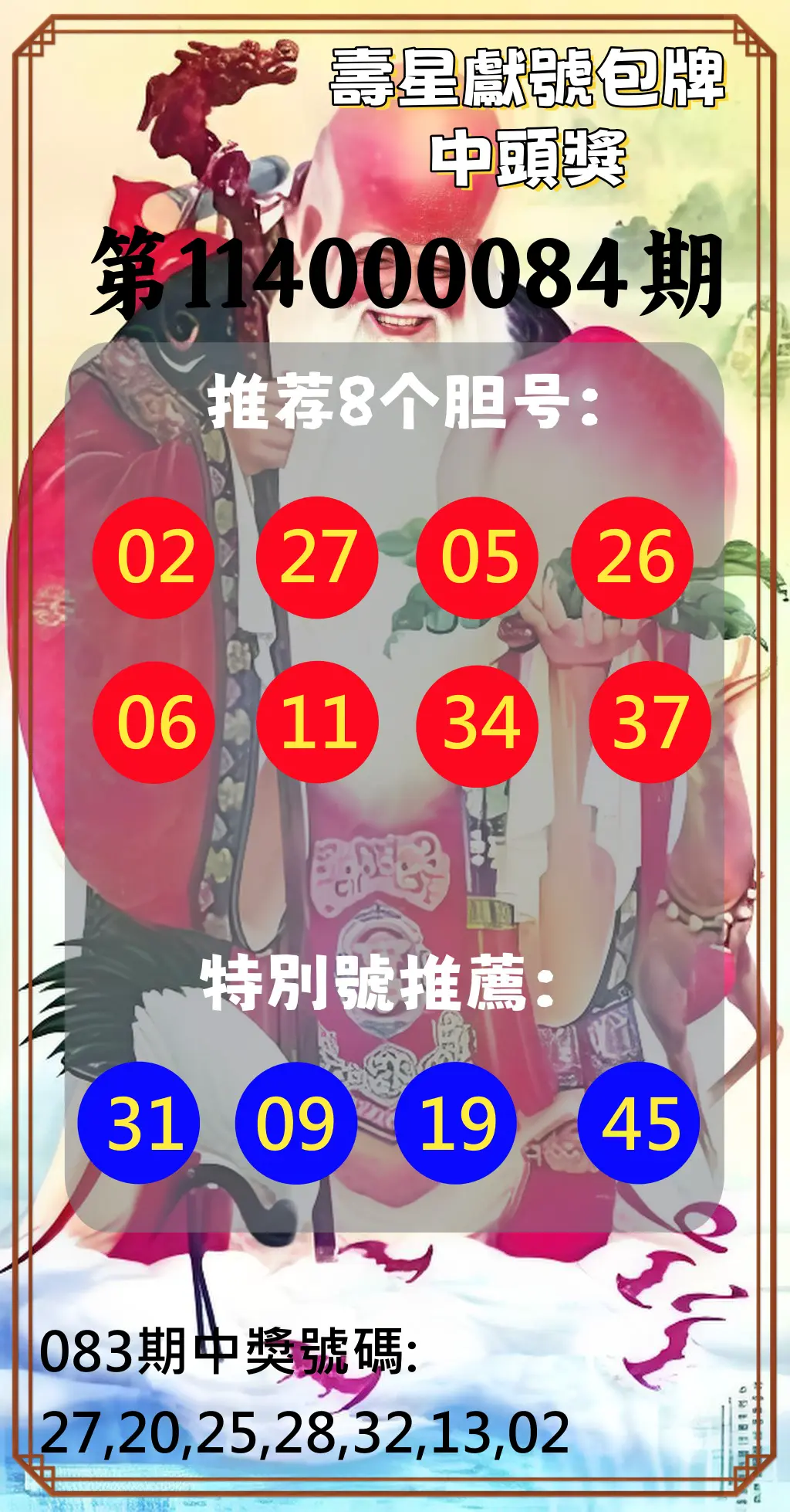 大樂透第114000084期(09/02)壽星獻號包牌中頭獎