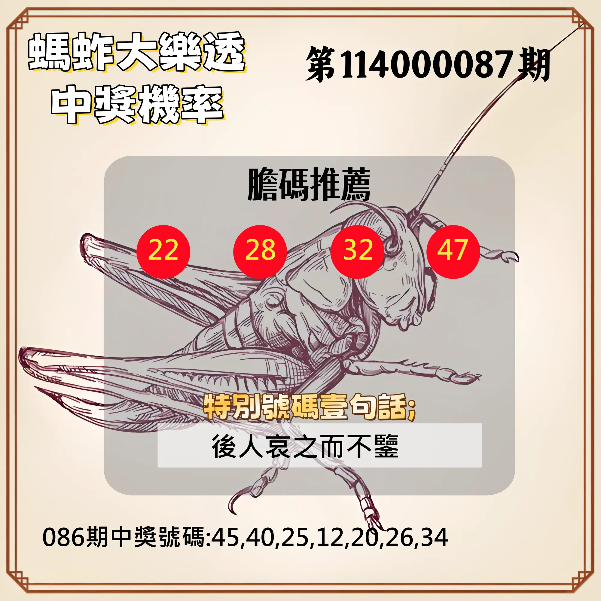 大樂透第114000087期(09/12)螞蚱大樂透中獎機率