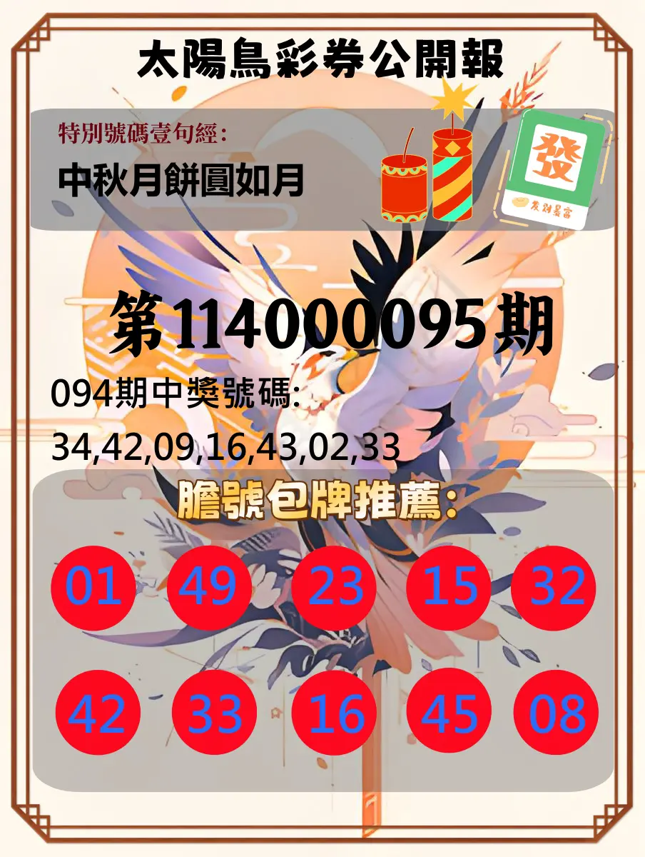 大樂透第114000095期(10/10)太陽鳥彩券公開報