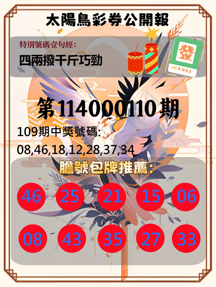 大樂透第114000110期(12/02)太陽鳥彩券公開報