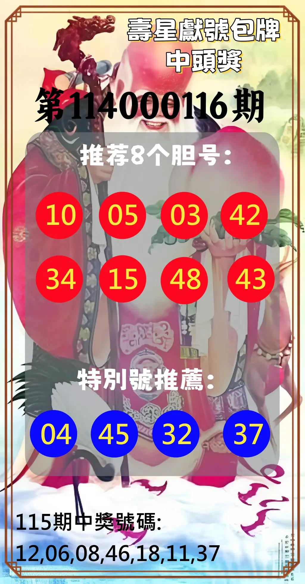 大樂透第114000116期(12/23)壽星獻號包牌中頭獎