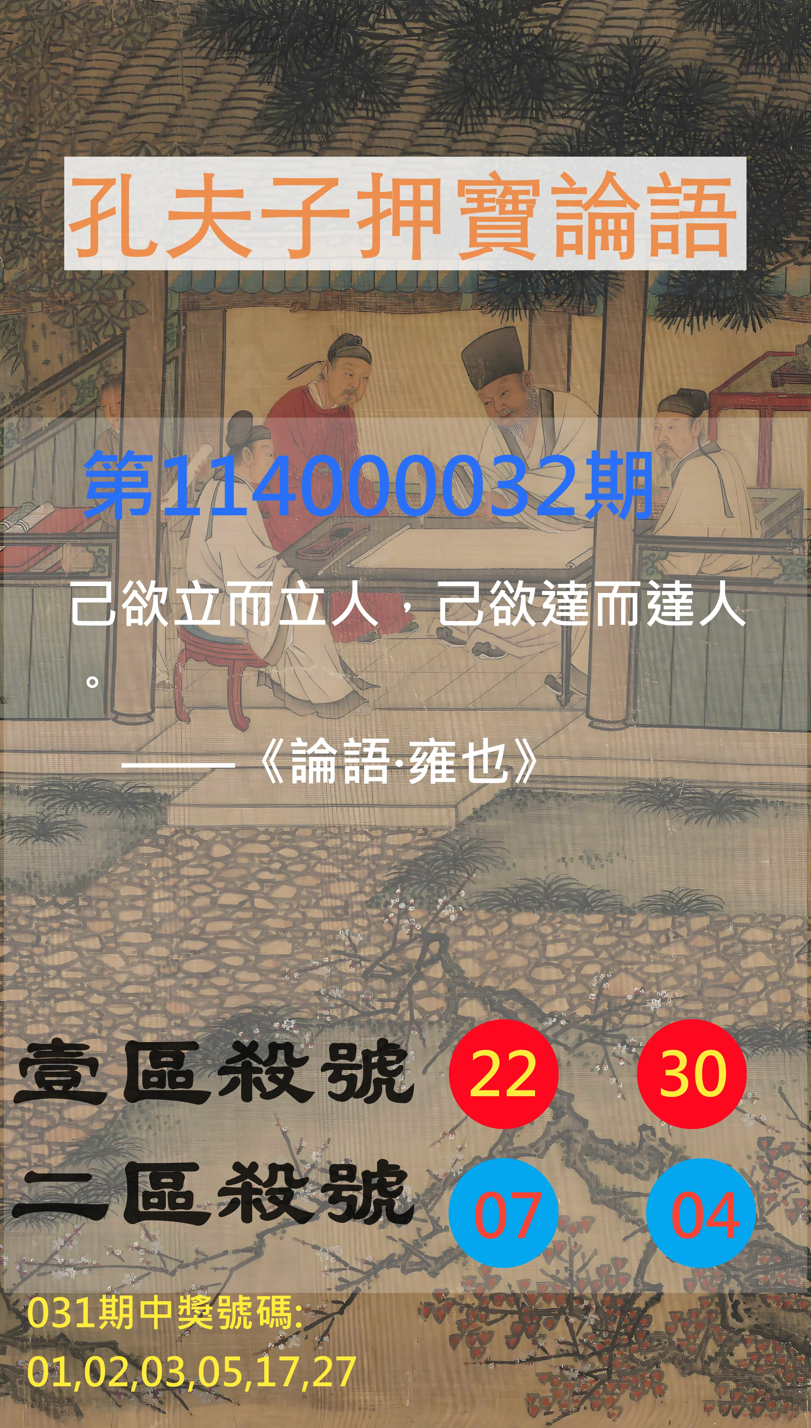 威力彩第114000032期孔夫子押寶論語