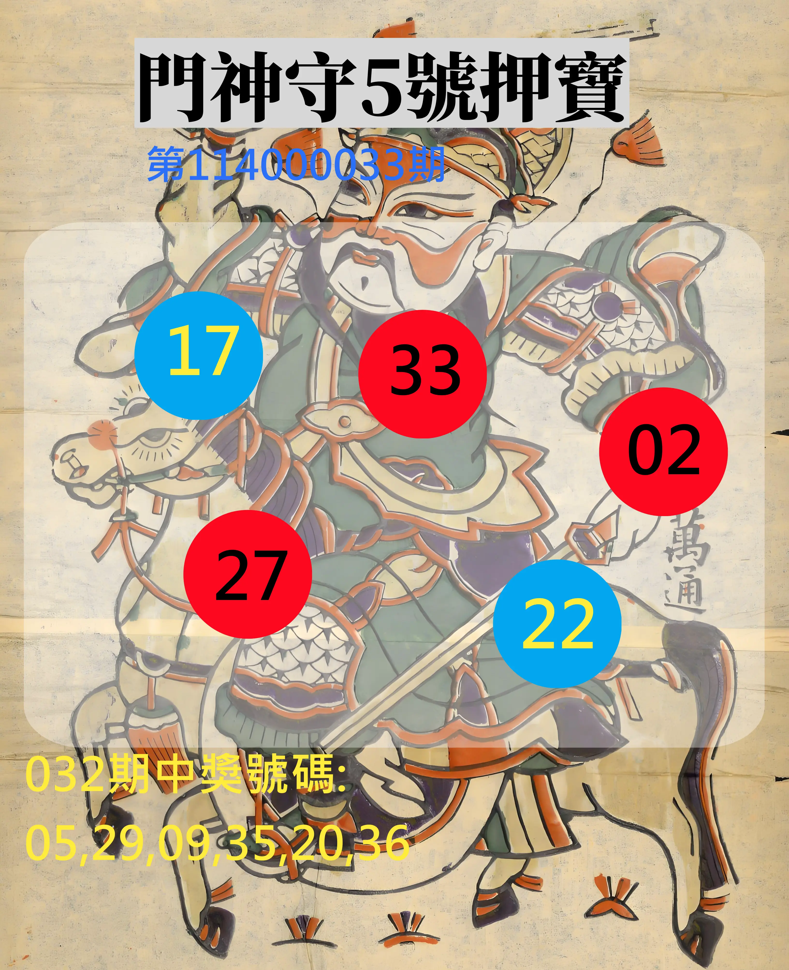 威力彩第114000033期門神守5號押寶