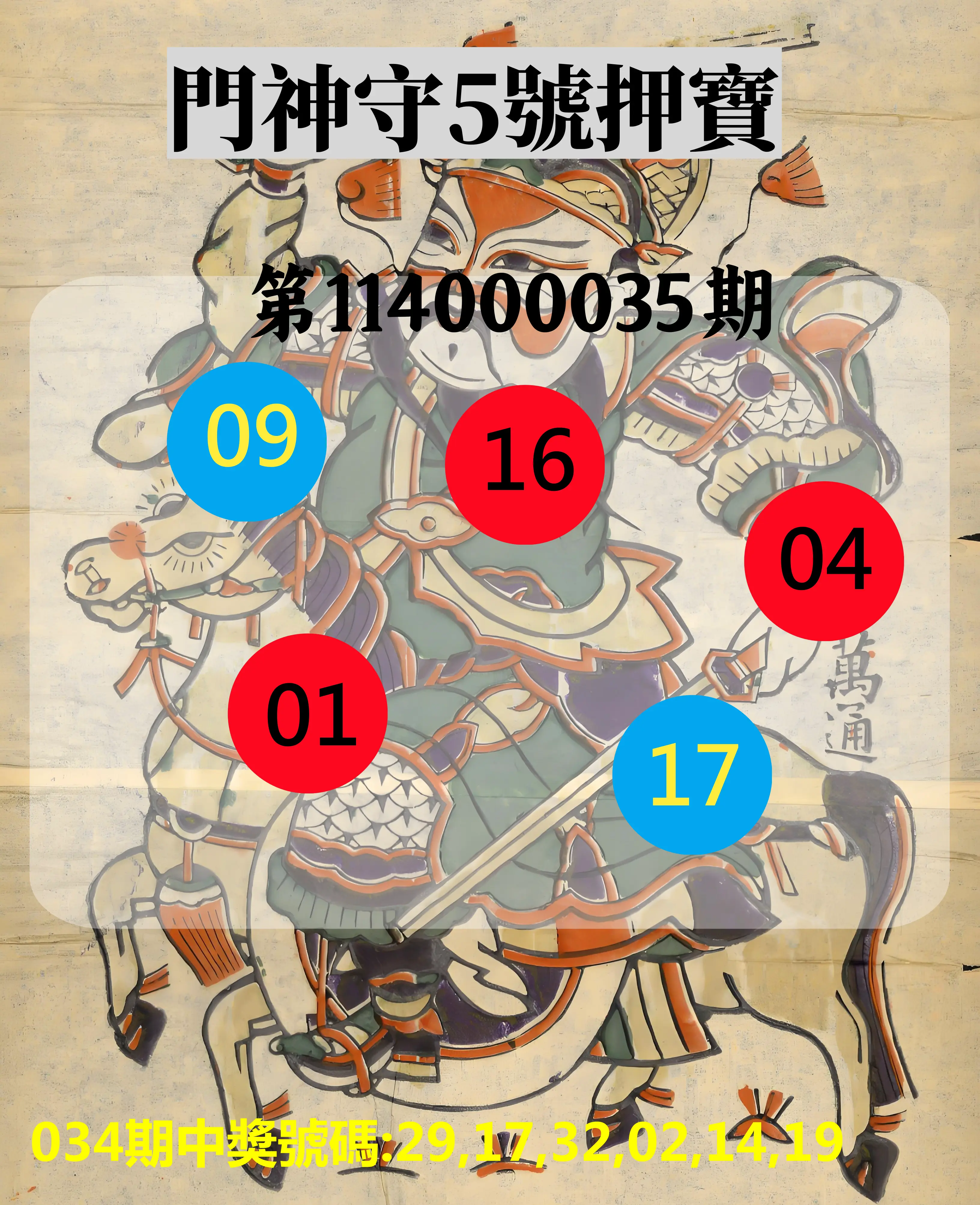 威力彩第114000035期門神守5號押寶