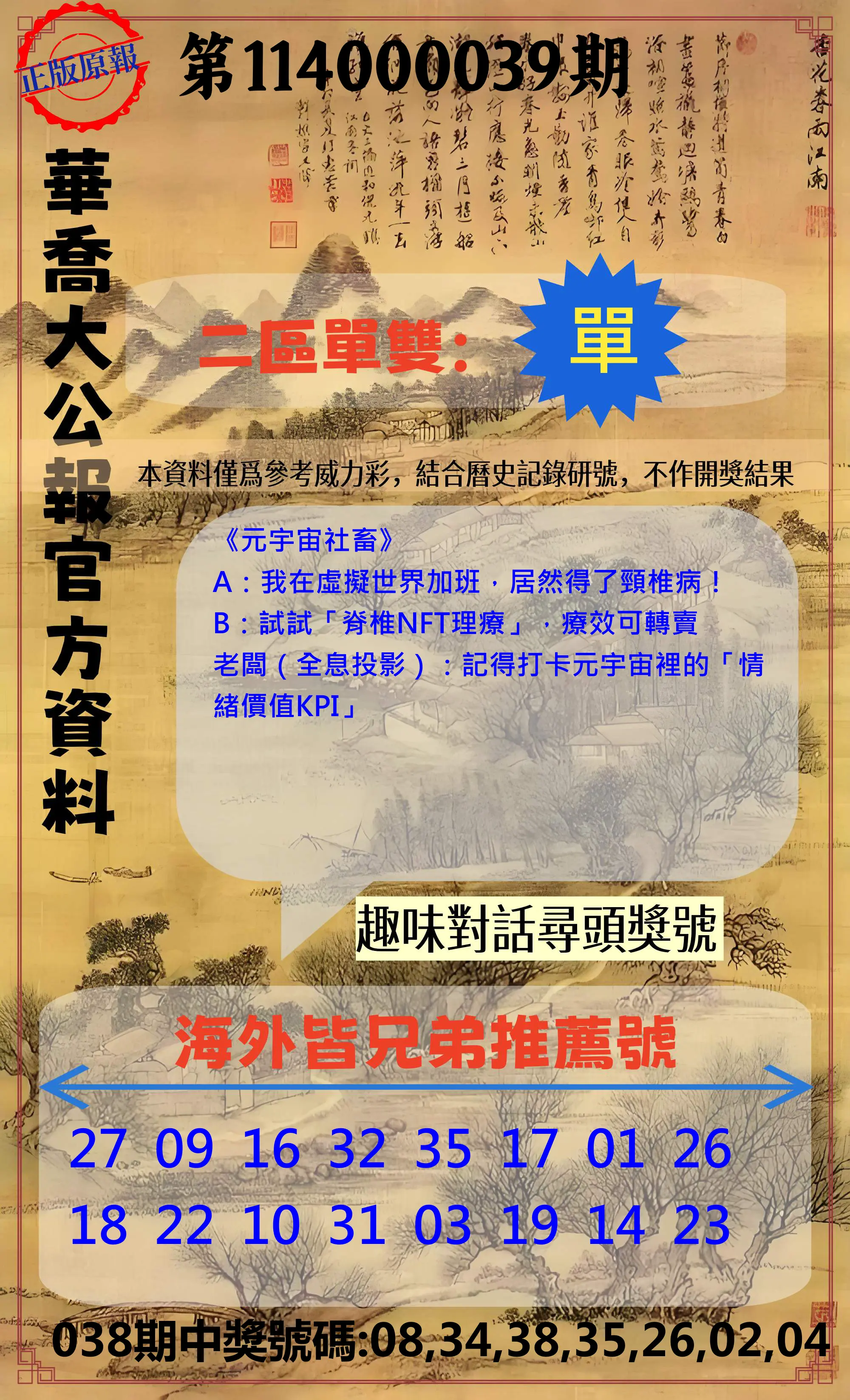 威力彩第114000039期華喬大公報官方資料