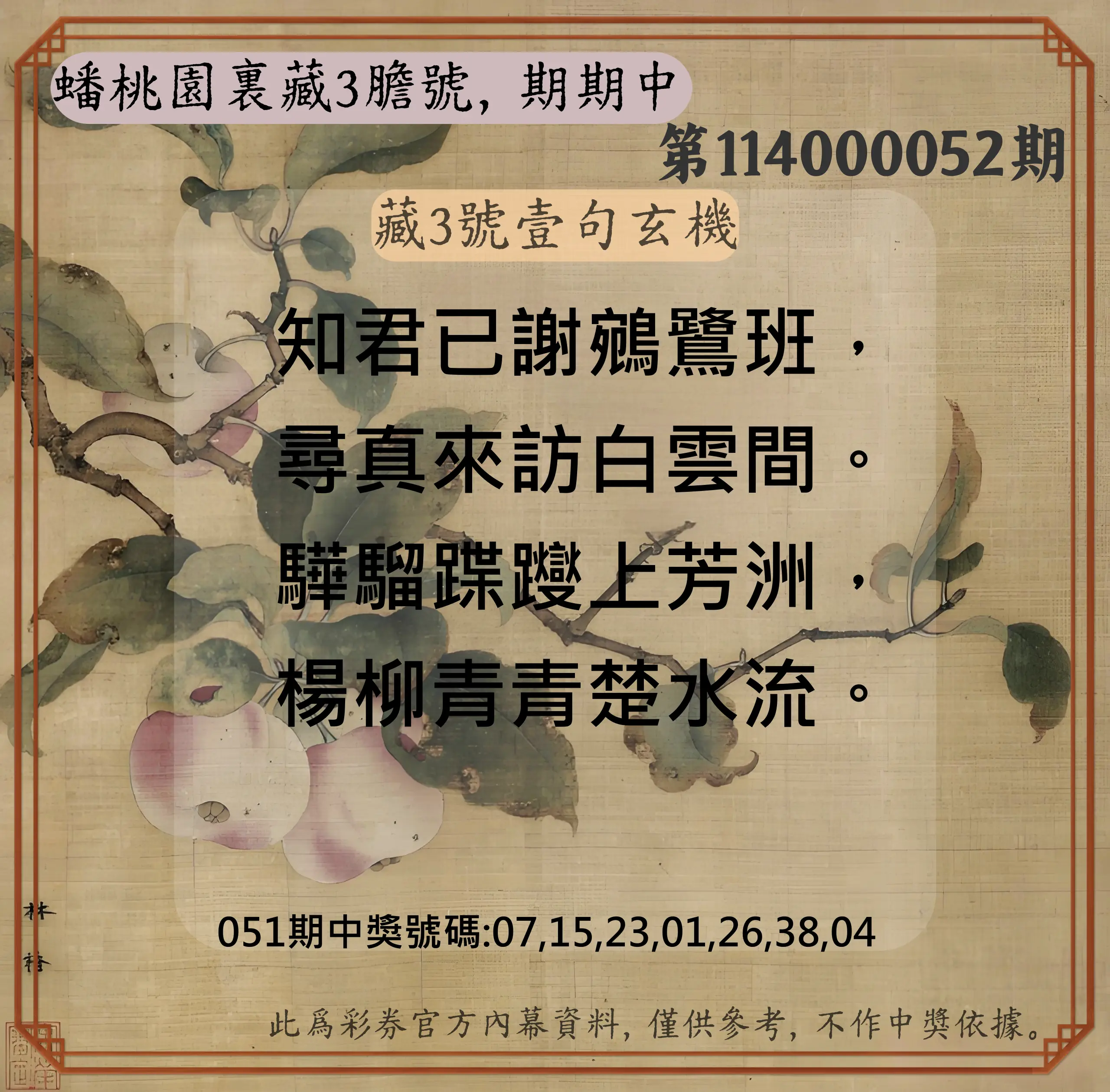 威力彩第114000052期蟠桃園裏藏3膽號，期期中