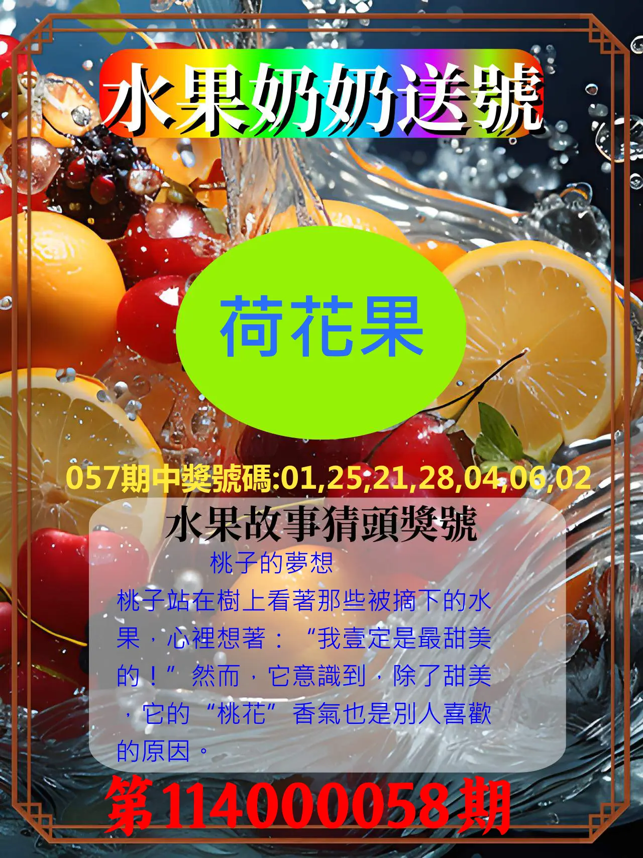 威力彩第114000058期(07/21)水果奶奶送號