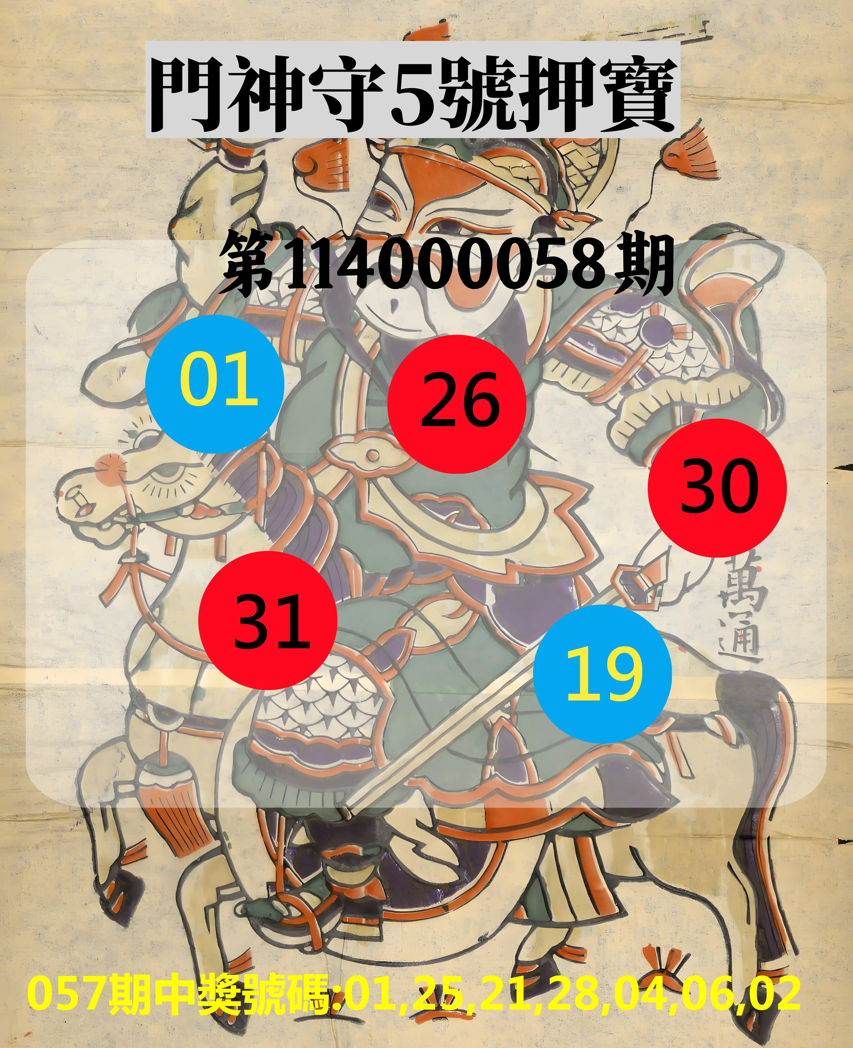 威力彩第114000058期(07/21)門神守5號押寶