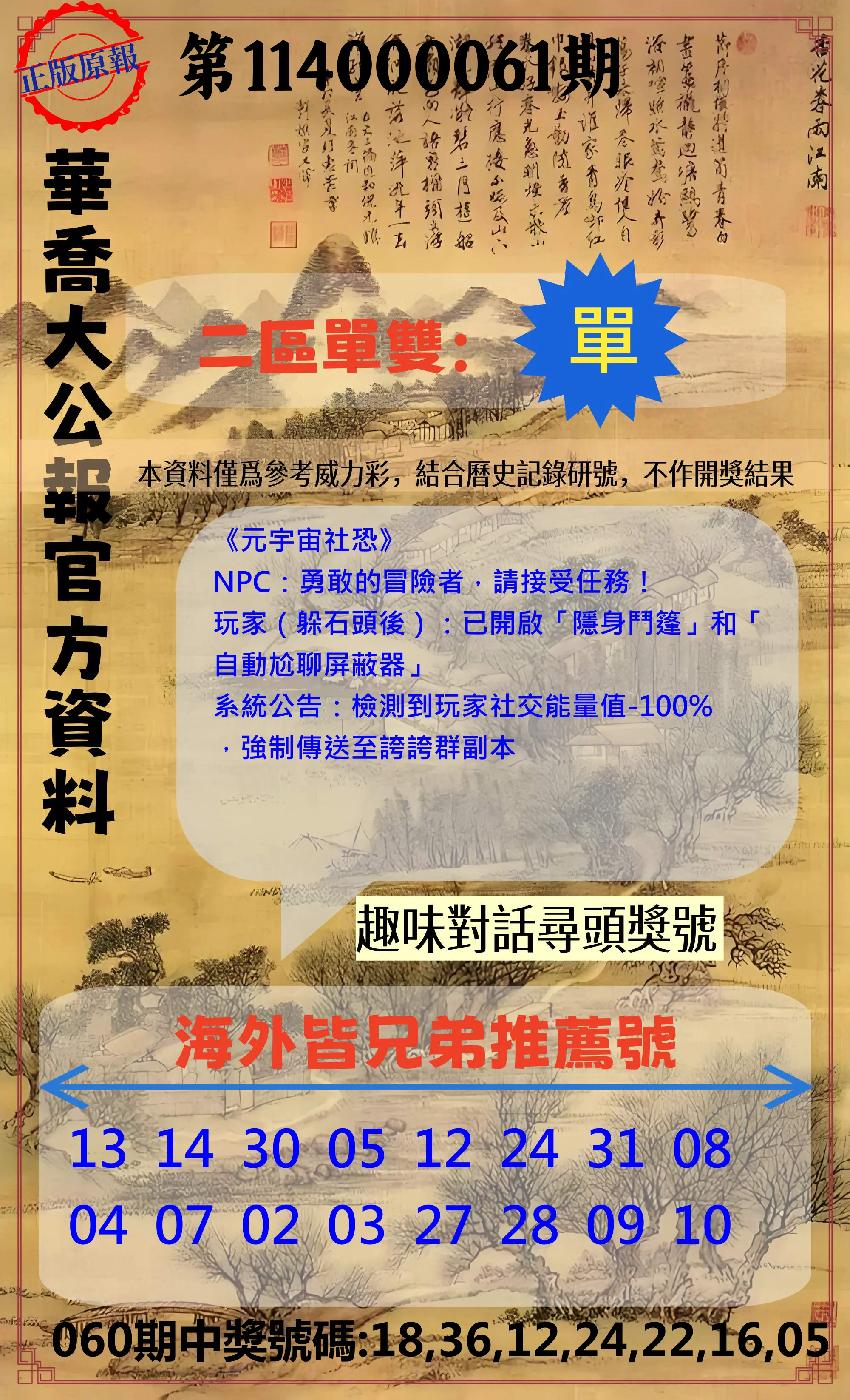 威力彩第114000061期(07/31)華喬大公報官方資料