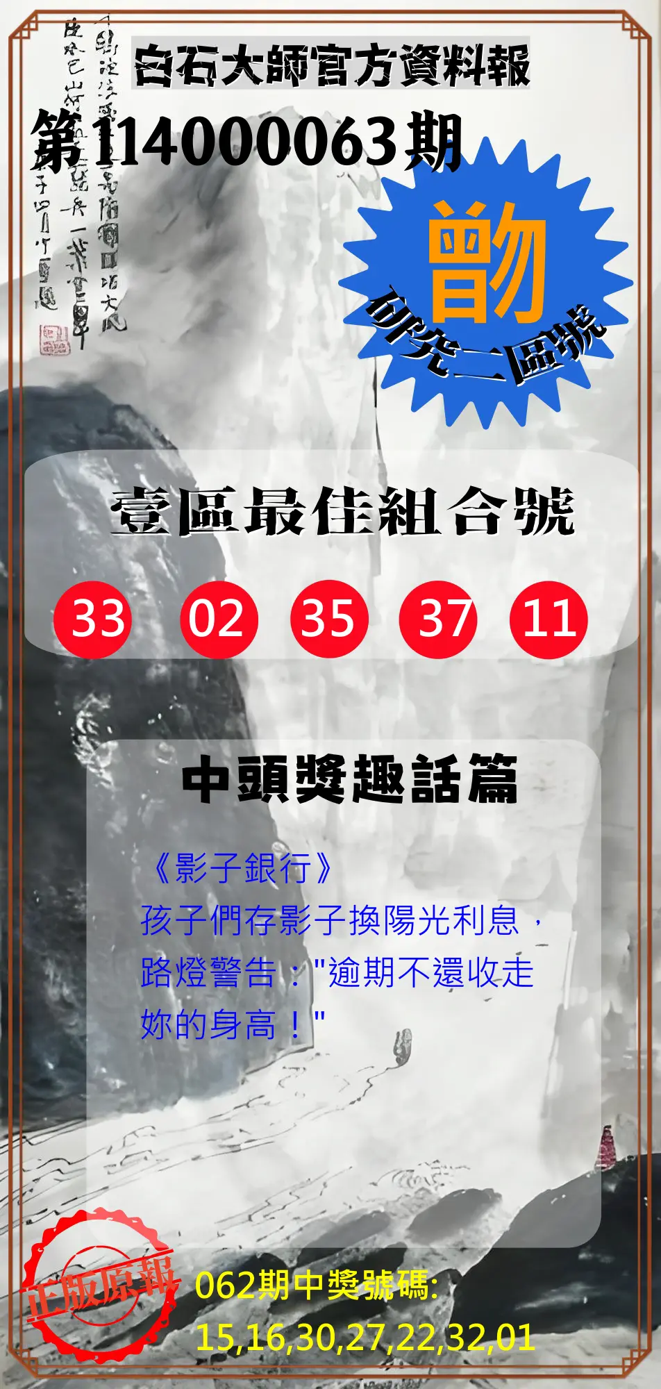 威力彩第114000063期(08/07)白石大師官方資料報